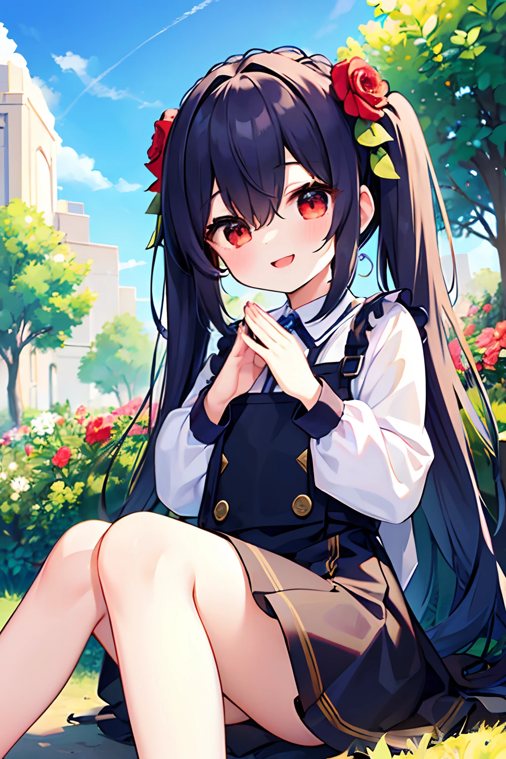 1girl, young girl, masterpiece, high quality, dark blue hair, long hair, straight hair, (twintail), red eyes, in the park, in the flower garden, wearing overall dress, long sleeves, ((holding a flower crown with her hands)), happy, clear sky, smiling, (sitting on the ground), ((detail face))