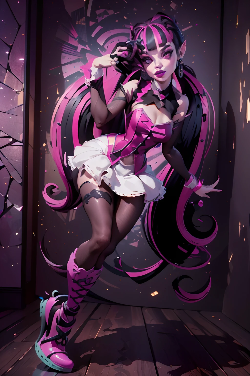 (best quality,4k,8k,highres,masterpiece:1.2),ultra-detailed,(realistic,photorealistic,photo-realistic:1.37),Monster High,beautiful student,full body,anime,glamorous makeup,stylish hair,cute outfit,playful expression,vibrant colors,characterful pose,eye-catching accessories,interactive background,detailed shoes,fantasy lighting,sparkling highlights,creative composition,aural enchantment