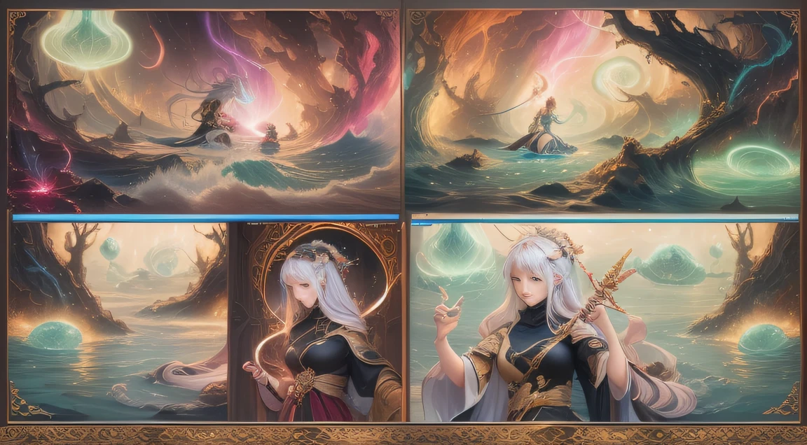 ((Comic storyboard:1.8, comic strip_layout))Double pony-tailed female Taoist, Holding a long sword, Fight people, anatomy correct,Black and gold robes,fantasy, Ethereal, (isolation:1.1), (glaze:1.1), (reflective light:1.2), glass, polygon, Ultra detailed, Intricate, oil on the canvas, Dry brush, (surrealism:1.1), (Disturbing:1.1), Enhanced detail., 32K ,hyper HD,Comics-like panel layout, Voice balloons, English text, Hand drawn audio stickers used in comics.Goddess of water control,flowing dark hair,Water Goddess 32K,复杂,ellegance,highly detailed,A majestic,Digital photography,Autumn cowboy shot,surrealism painting,Broken rubies,Beating magic,Entwined water magic,(tmasterpiece,Cinematic light,Fine beautiful eyes:1.2),hdr,Void 5 Energy Storm(China 1 girl,)Water Goddess 32K,Side shot,Complex arena,Aurorabackground,A majestic,Digital photography,full bodyesbian,surrealism painting,Broken rubies,Beating magic,Entwined water magic,(Cinematic light),hdr,Void 5 Energy Storm