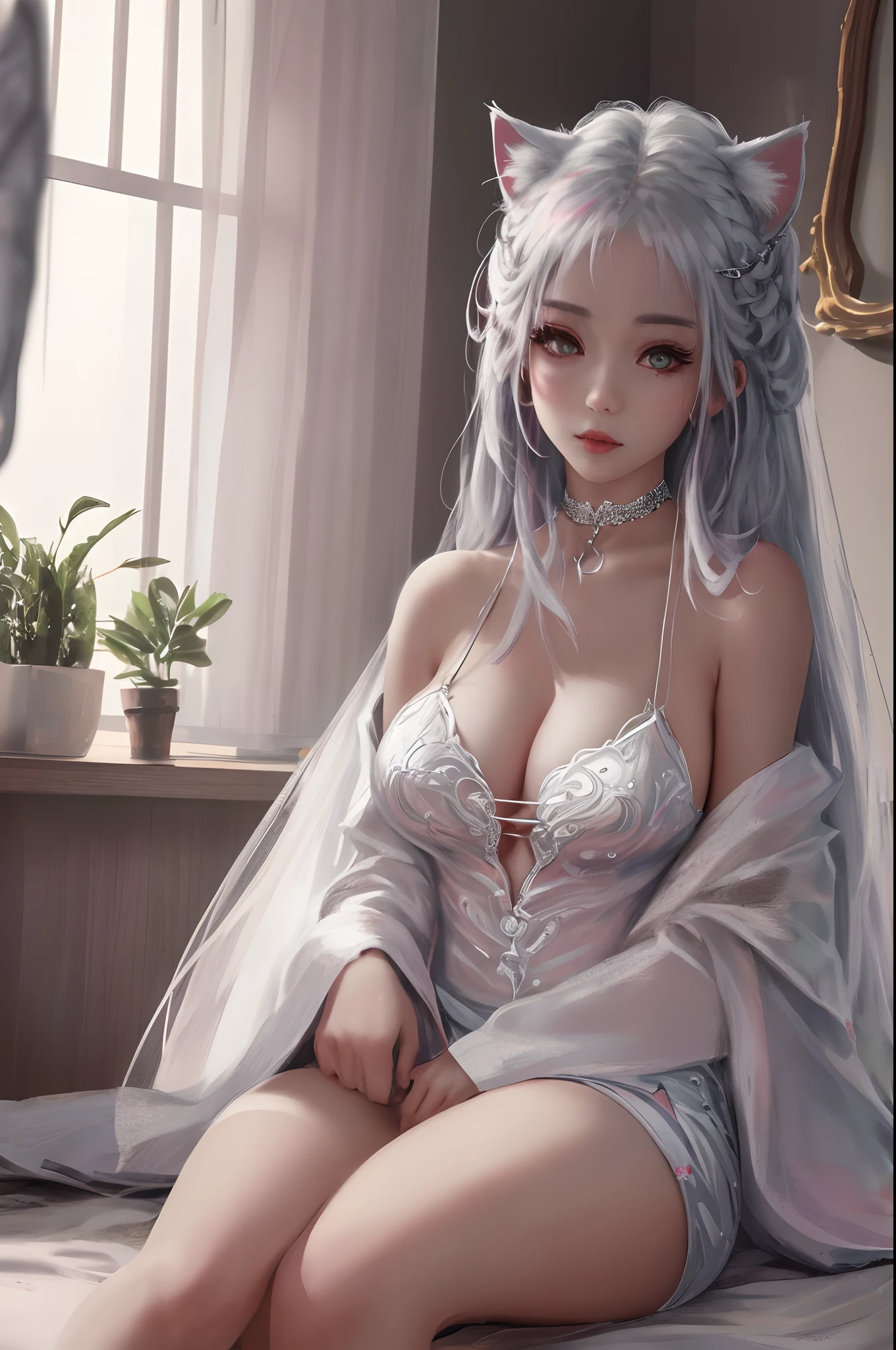 Best quality at best, one-girl, warmly lit, Silver hair and pink tip, adolable, anime big breast, Pure white skin, asiagirl, full bodyesbian, Raised sexy, Gentle eyes, Cat ears, Animate, fanciful, Cleavage is seductive, Shy face, , dreads, white dresses, collars, Bare shoulders,Bare thighs,coda, the witcher, That's great, sportrait, ssee-through