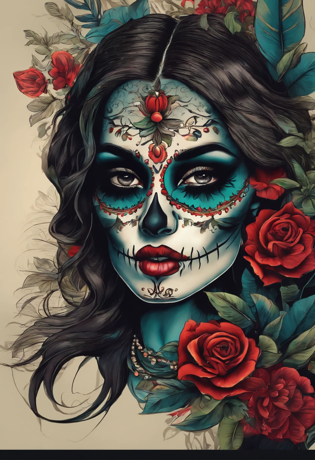 Typographic art sugar skull women, roses, t-shirt design, ((black background)) <lora:last:1>, <lora:add_detail:1> . Stylized, intricate, detailed, artistic, text-based