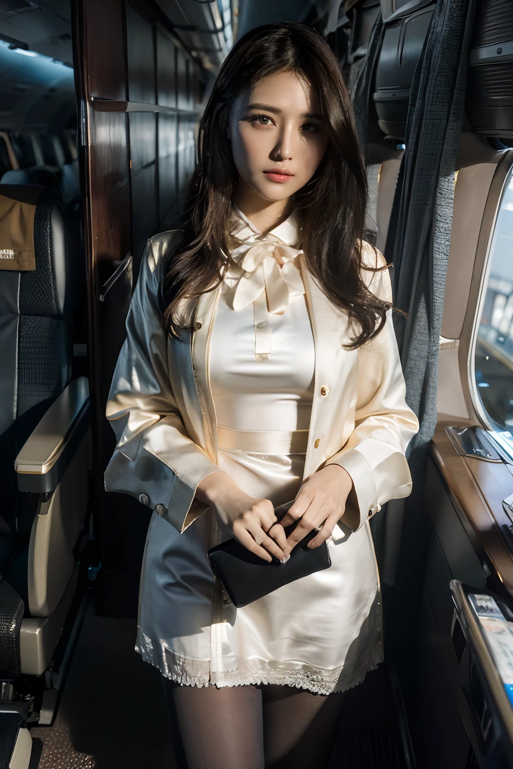 best quality, masterpiece, 8k, ultra high res, (photorealistic:1.4), highly detailed, intricate detail, delicate and beautiful, good lighting, professional lighting, sharp focus, detailed shadows, exquisite details and textures, depth of field, unity 8k wallpaper, cinematic composition, cinematic lighting, official art, Cabin Crew, flight attendant, black pantyhose, (aircraft, (Aircraft Corridor), Aircraft seats) beautiful elegant face, detailed face, detailed eyes, realistic hair, long hair, (1girl), (standing:1.3),