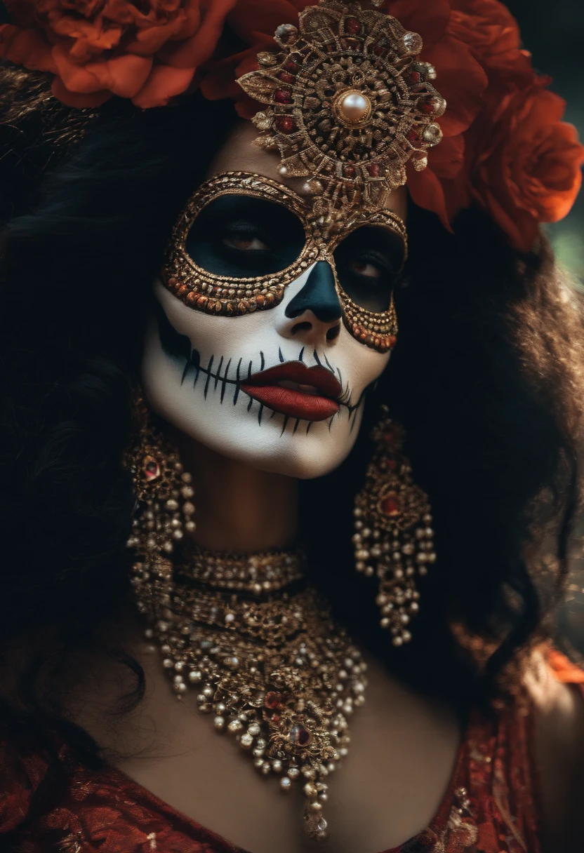 mulher rosto metade caveira. roupas pretas. cabelo preto. estilo la muerte.