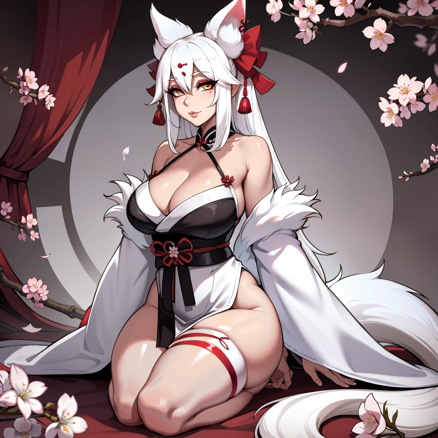 Curvy white haired 9 tailed kitsune wearing fur lined robe and cherry blossom kimono, wearing thigh high fishnets (ALONE)(SOLO), alone, solo