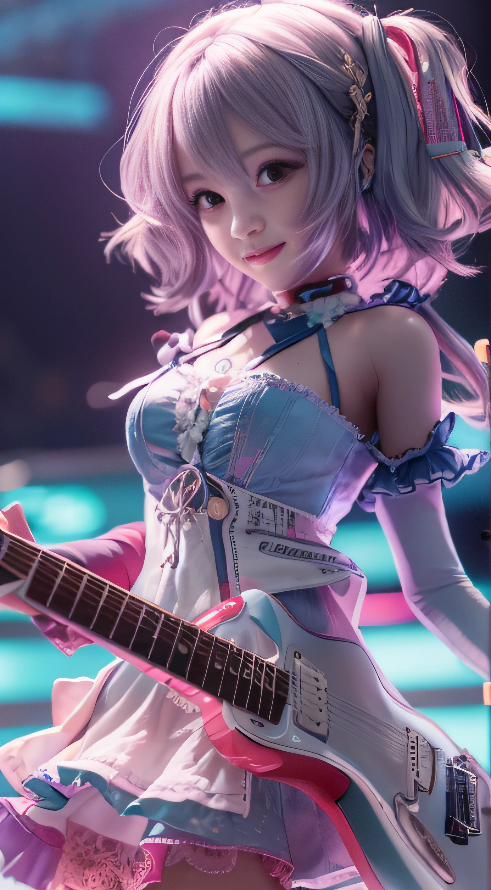 Toy doll anime girl playing guitar on neon stage, enticing, Mischievous smile, Muse, Stunning, Ultra-realistic volume detail, Unreal Engine