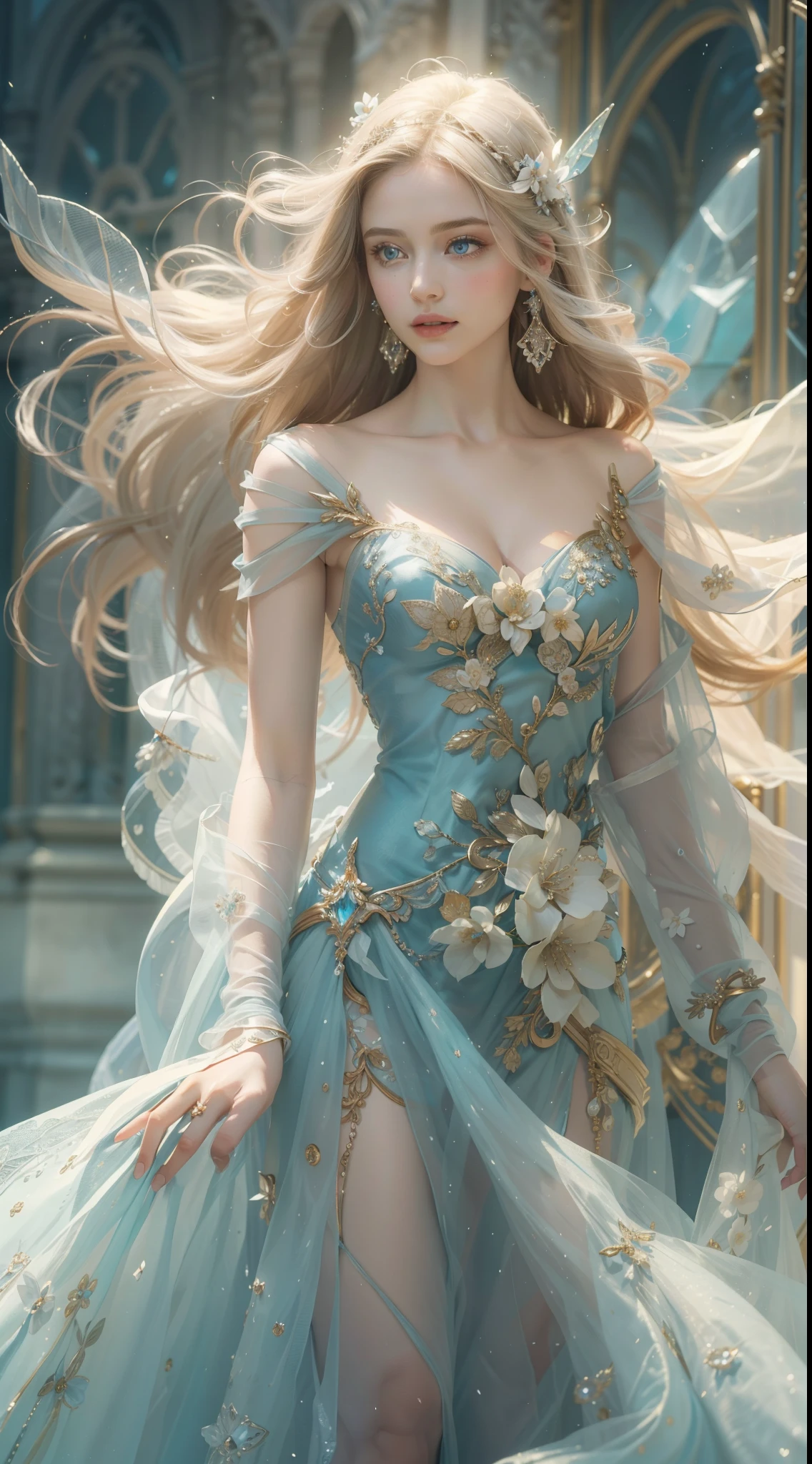 (Best quality,8K,A high resolution,Masterpiece:1.2),Ultra-detailed,(Realistic,Photorealistic,photo-realistic:1.37),Portrait,Creative style artwork,Historical,classical,Sophisticated,plethora of colors,Highly detailed,Soft lighting,luxurious environment,Delicate fairy flowing dress dress,detailed jewellery,Ethereal atmosphere,Elegant Pose,Graceful curves,Gold body proportions，Flowing and fluffy hair,Breathtaking textile patterns,Bright and clear blue eyes,Delicate floral decoration,A dazzling array of shiny crystal accessories,Mysterious and dreamy atmosphere,Impeccable attention to detail.