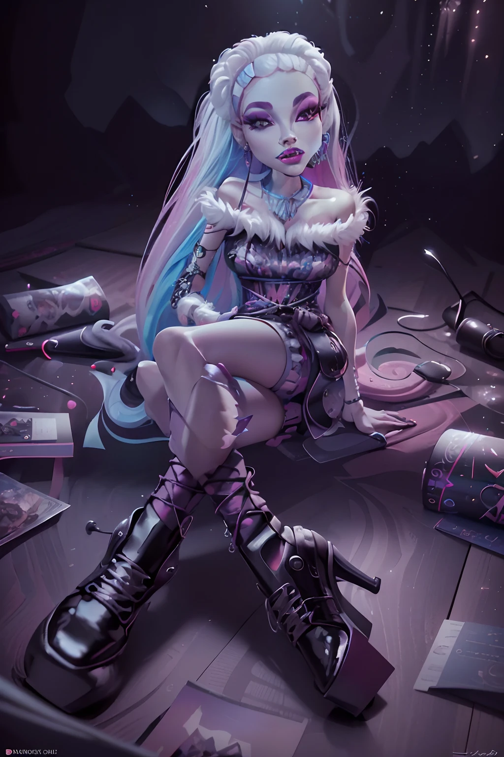 (best quality,4k,8k,highres,masterpiece:1.2),ultra-detailed,(realistic,photorealistic,photo-realistic:1.37),Monster High,beautiful student,full body,anime,glamorous makeup,stylish hair,cute outfit,playful expression,vibrant colors,characterful pose,eye-catching accessories,interactive background,detailed shoes,fantasy lighting,sparkling highlights,creative composition,aural enchantment