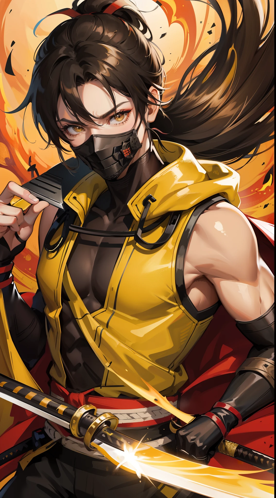 Grown-up guy, short black hair, high ponytail, Brown eyes, mask, Yellow shinobi kimono, Sleeveless, Scorpion, fire, katana, Masterpiece, hiquality, 4k, HD, Good detail