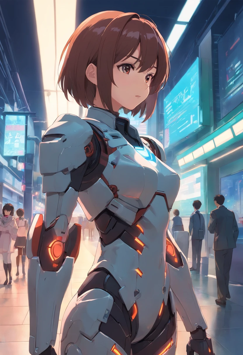 (master part), (melhor qualidade), renderizado, Realistic, Ultra Detalhado, rosto perfeito, corpo perfeito, 1 fita, Beautiful girl, Menina na armadura vermelha, mechanical armor, exosqueleto, stand, pose legal, sexy, looking from behind
