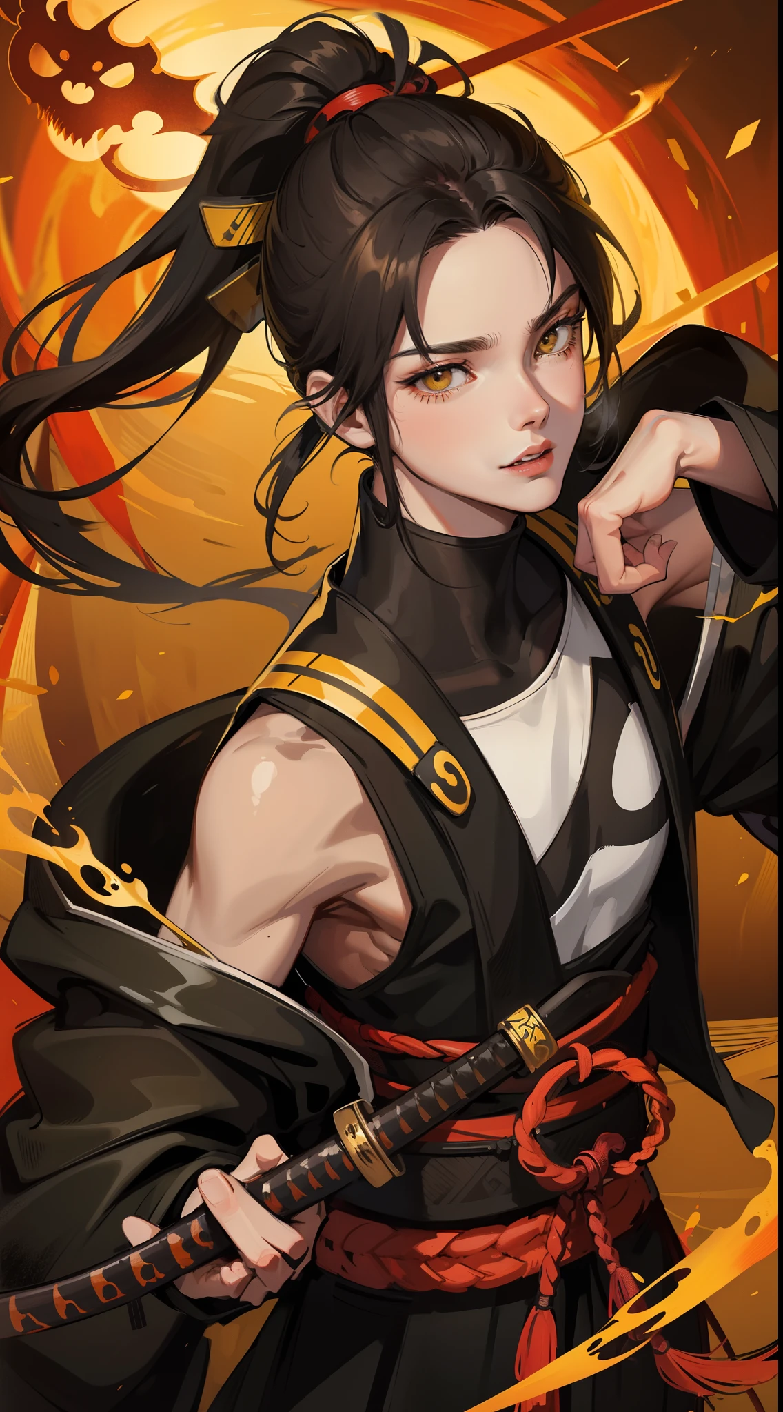 Grown-up guy, short black hair, high ponytail, Brown eyes, mask, Yellow shinobi kimono, Sleeveless, Scorpion, fire, katana, Masterpiece, hiquality, 4k, HD, Good detail