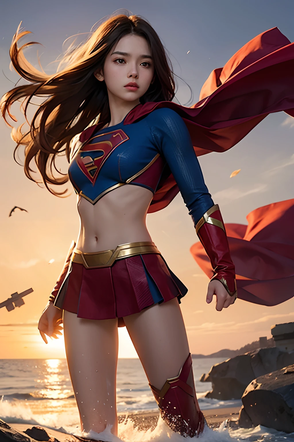 1 girl, solo, long hair, crop top, supergirl, superhero landing, half blood girl