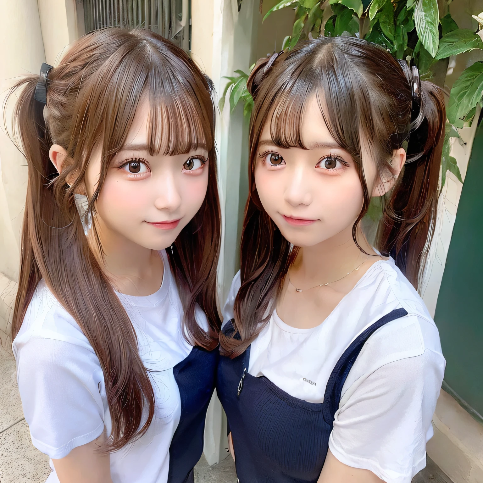 (up of face:1.5), 2 girls, Beautiful breasts, Beautiful , Twintail hairstyle, student clothes、