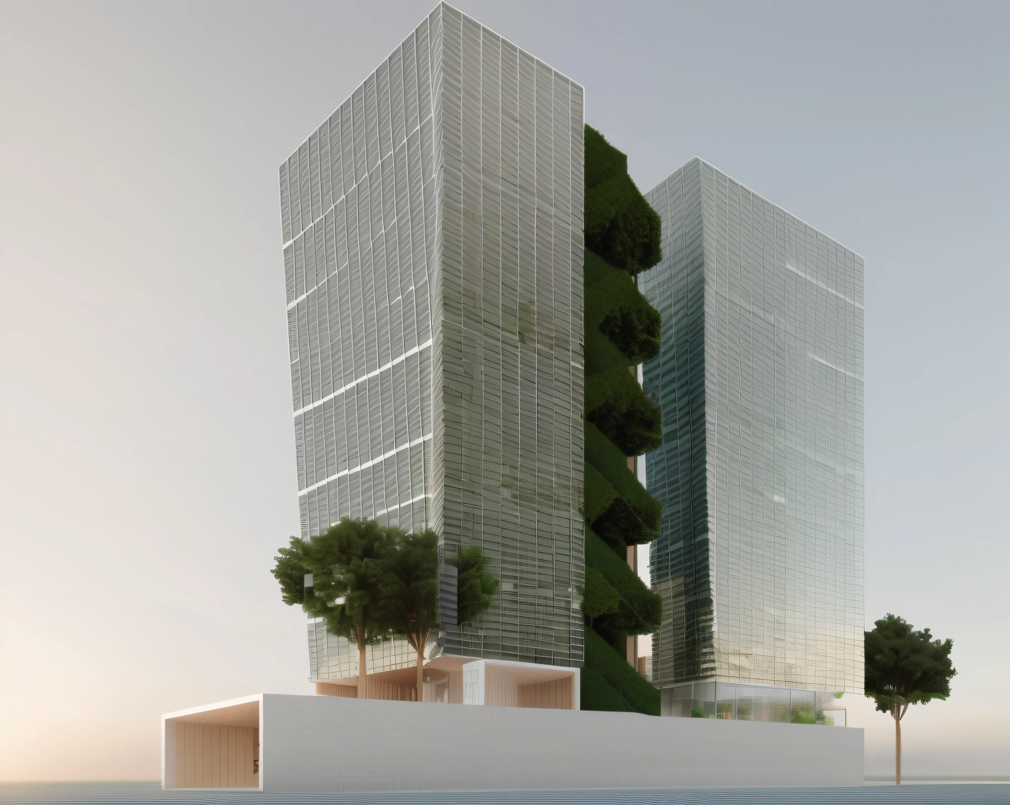 rendering of a tall building with a tree in front of it, mid-view, architecture render, conceptual rendering, 3/4 view, 3 / 4 view, full building, architectural render, perspective view, front-view, mantra rendering, concept image, building facing, two organic looking towers, rendering, conceptual, digital rendering, architectural concept, architectural rendering