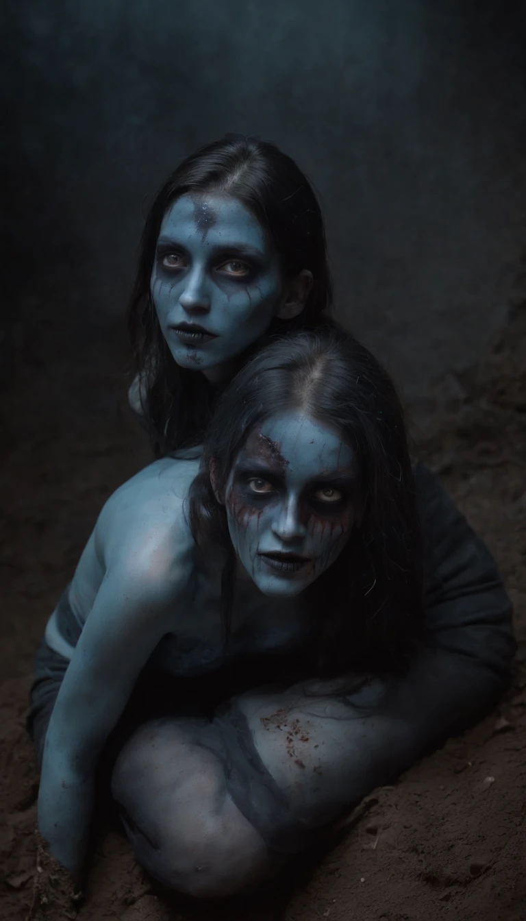 obra-prima inspirada em hellraiser, h. P. Lovecraft e Evil Dead 2013, realista de corpo inteiro ((corpo duro perfurado)) Photograph of two young zombie evil skinny female, No clothes skinny skinny young two evil zombie female with hard body pierced ((Two skinny young young zombie evil female, corpo inteiro perfurado)), decomposition, Dark black liquid of the decomposing body, 12k resolution, Full body of two cute cute young skinny scary scary evil zombie female psycho monster bat young girl with bright translucent pale ghostly dark evil skin zombie hugging close without clothes decaying black-blue liquid body with piercing, very intricate facepaint scary bodypaint full pierced with dark liquid out, Detailed bright ghostly dark liquid coming out of the eyes, louco brilhante zumbi mal magra emo, cabelo escuro azul claro e verde claro, e o mal assustador perverso sorriso azul, cena sombria escura em casa assombrada muito assustadora, ultra-detalhado, ((arte sombria)), Pântano of horror, whole body view, head to toe, UhD