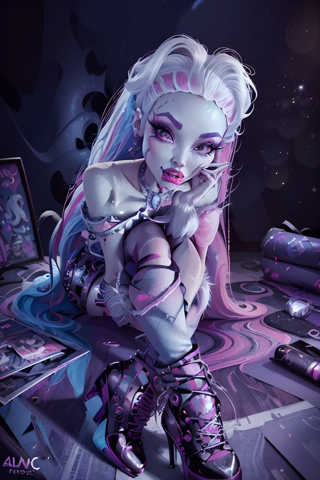 (best quality,4k,8k,highres,masterpiece:1.2),ultra-detailed,(realistic,photorealistic,photo-realistic:1.37),Monster High,beautiful student,full body,anime,glamorous makeup,stylish hair,cute outfit,playful expression,vibrant colors,characterful pose,eye-catching accessories,interactive background,detailed shoes,fantasy lighting,sparkling highlights,creative composition,aural enchantment