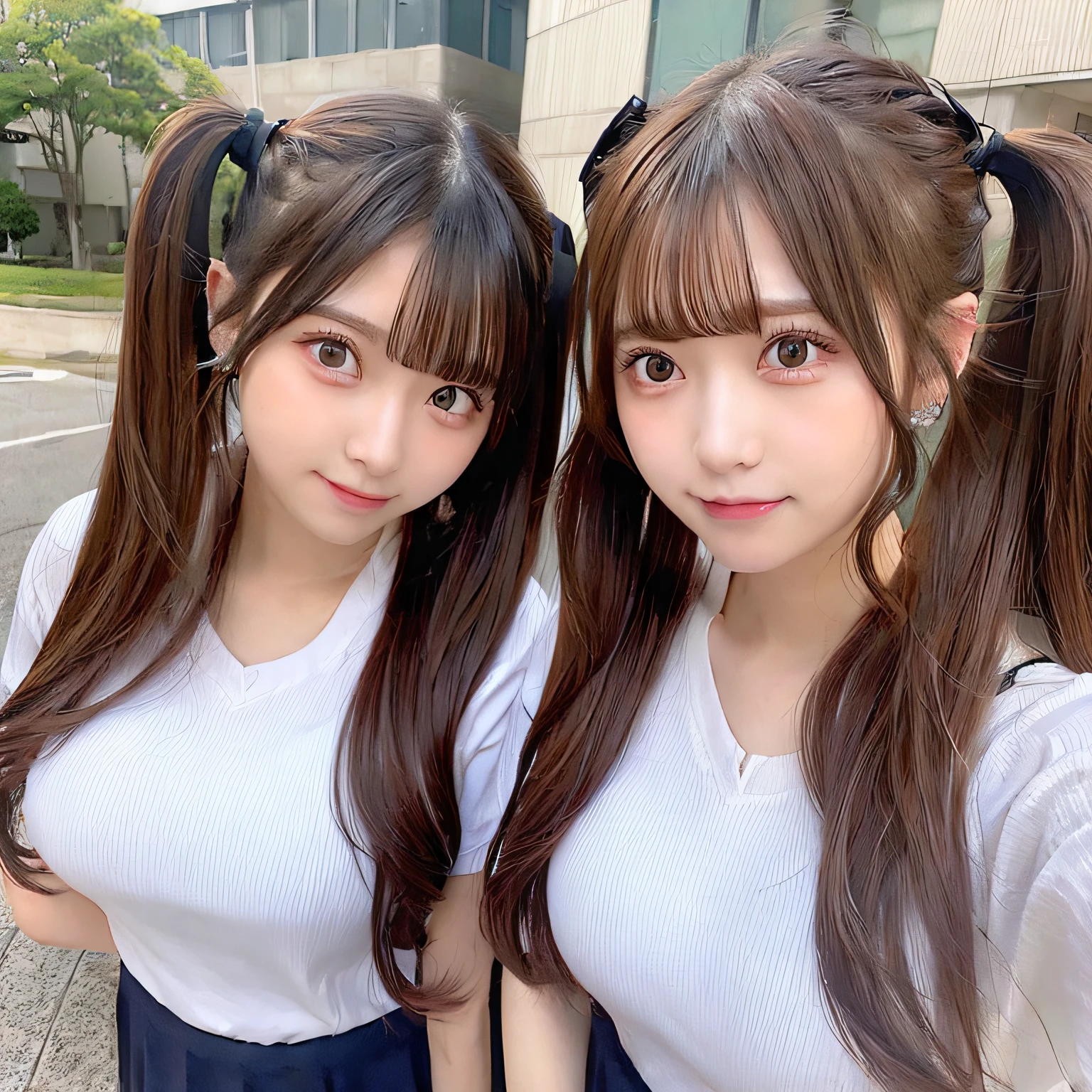 (up of face:1.5), 2 girls, Beautiful breasts, Beautiful , Twintail hairstyle, student clothes、