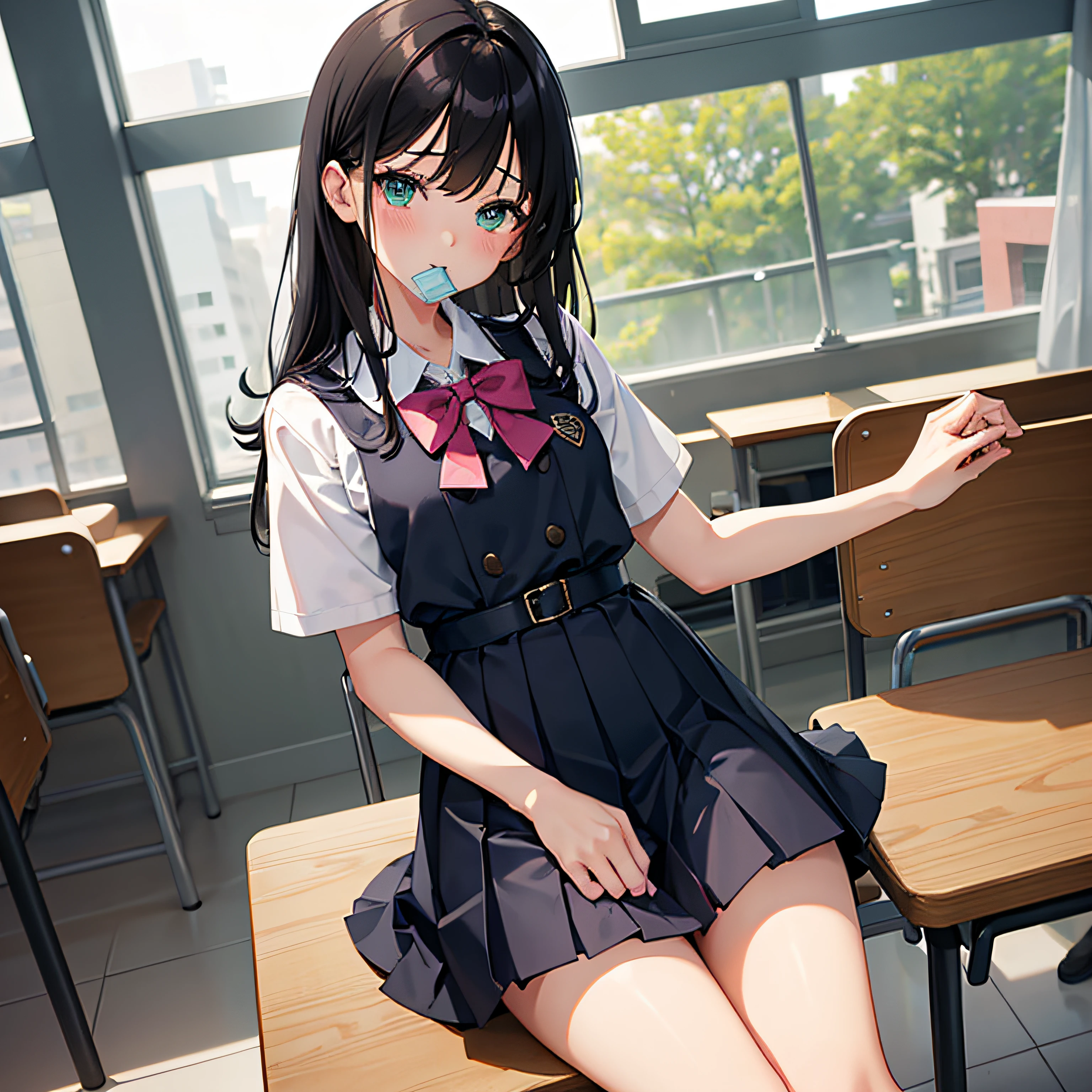 Super delicate cute girl in school uniform with black hair、a high school studenrs、8K Ula High Definition, Delicate texture, Medium Hair、Classroom、with blush cheeks、Brightly colored clothing、Green eyes、Putting a condom in your mouth