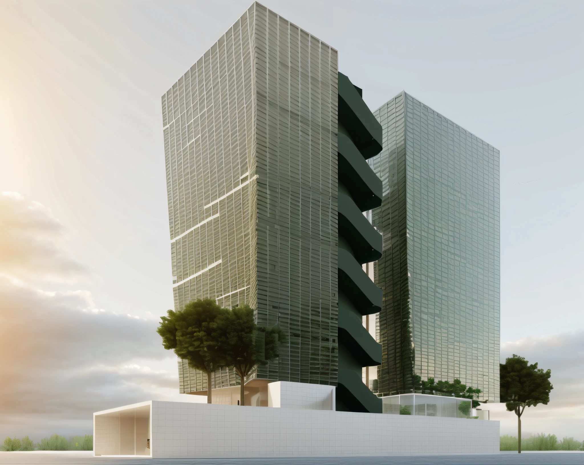 rendering of a tall building with a tree in front of it, mid-view, architecture render, conceptual rendering, 3/4 view, 3 / 4 view, full building, architectural render, perspective view, front-view, mantra rendering, concept image, building facing, two organic looking towers, rendering, conceptual, digital rendering, architectural concept, architectural rendering