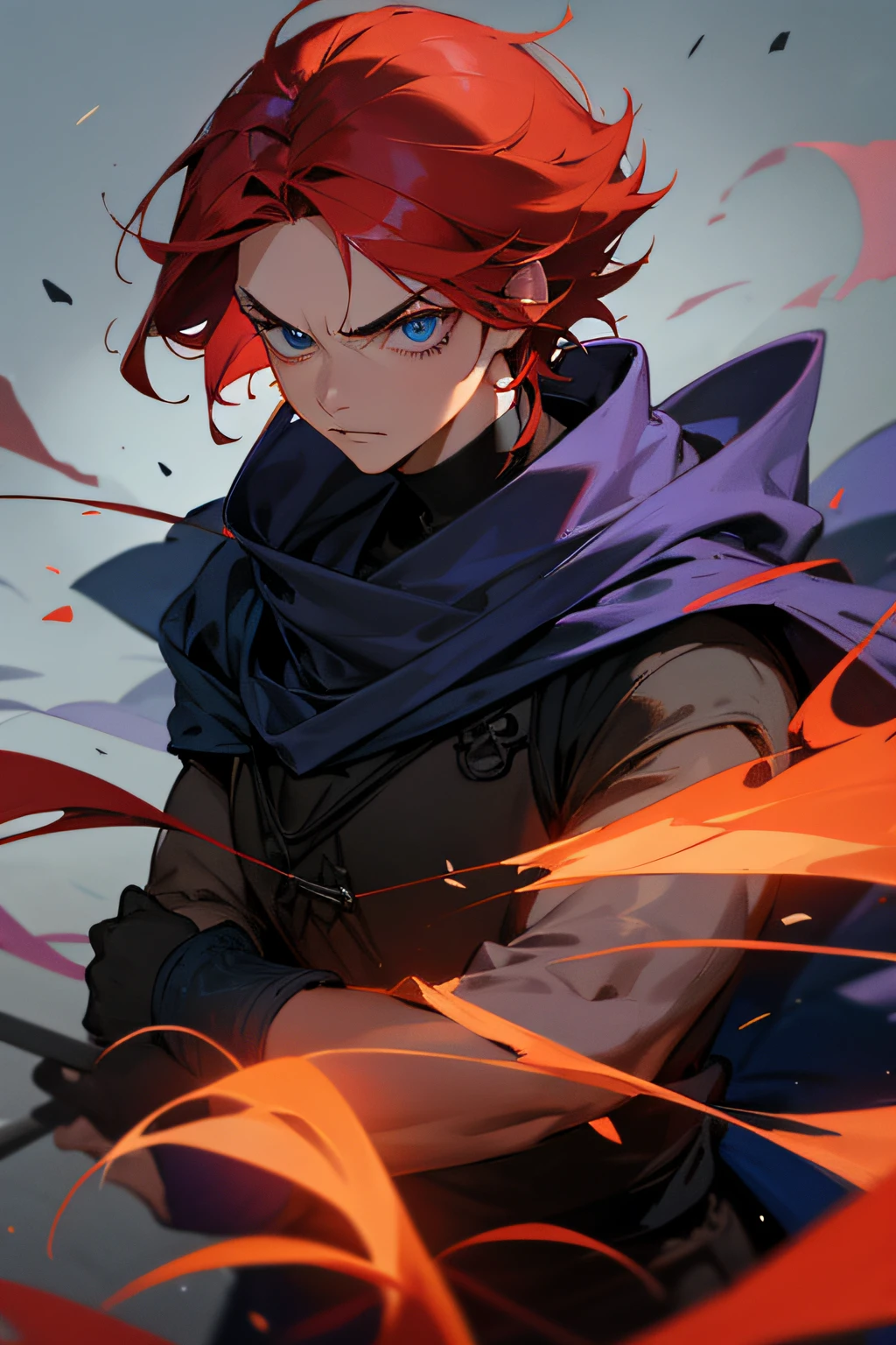 ojos azules, red hair, bufanda negra, pelo corto, serious expression, masculine features, Cara sombreada, Bufanda bien envuelta,