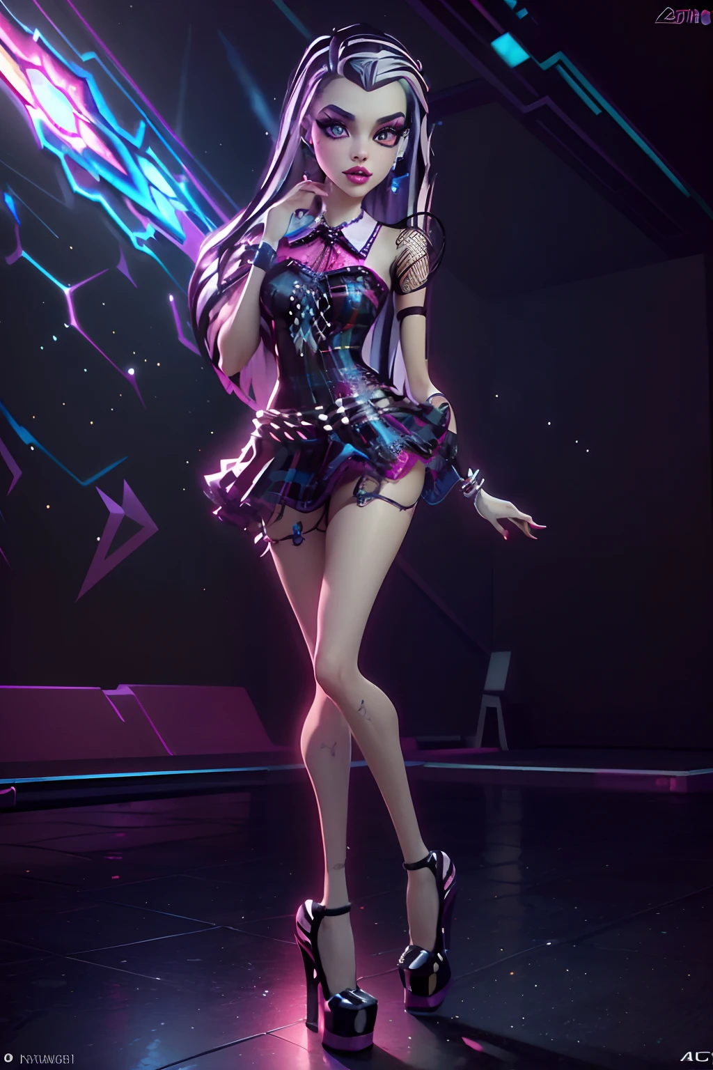 (best quality,4k,8k,highres,masterpiece:1.2),ultra-detailed,(realistic,photorealistic,photo-realistic:1.37),Monster High,beautiful student,full body,anime,glamorous makeup,stylish hair,cute outfit,playful expression,vibrant colors,characterful pose,eye-catching accessories,interactive background,detailed shoes,fantasy lighting,sparkling highlights,creative composition,aural enchantment