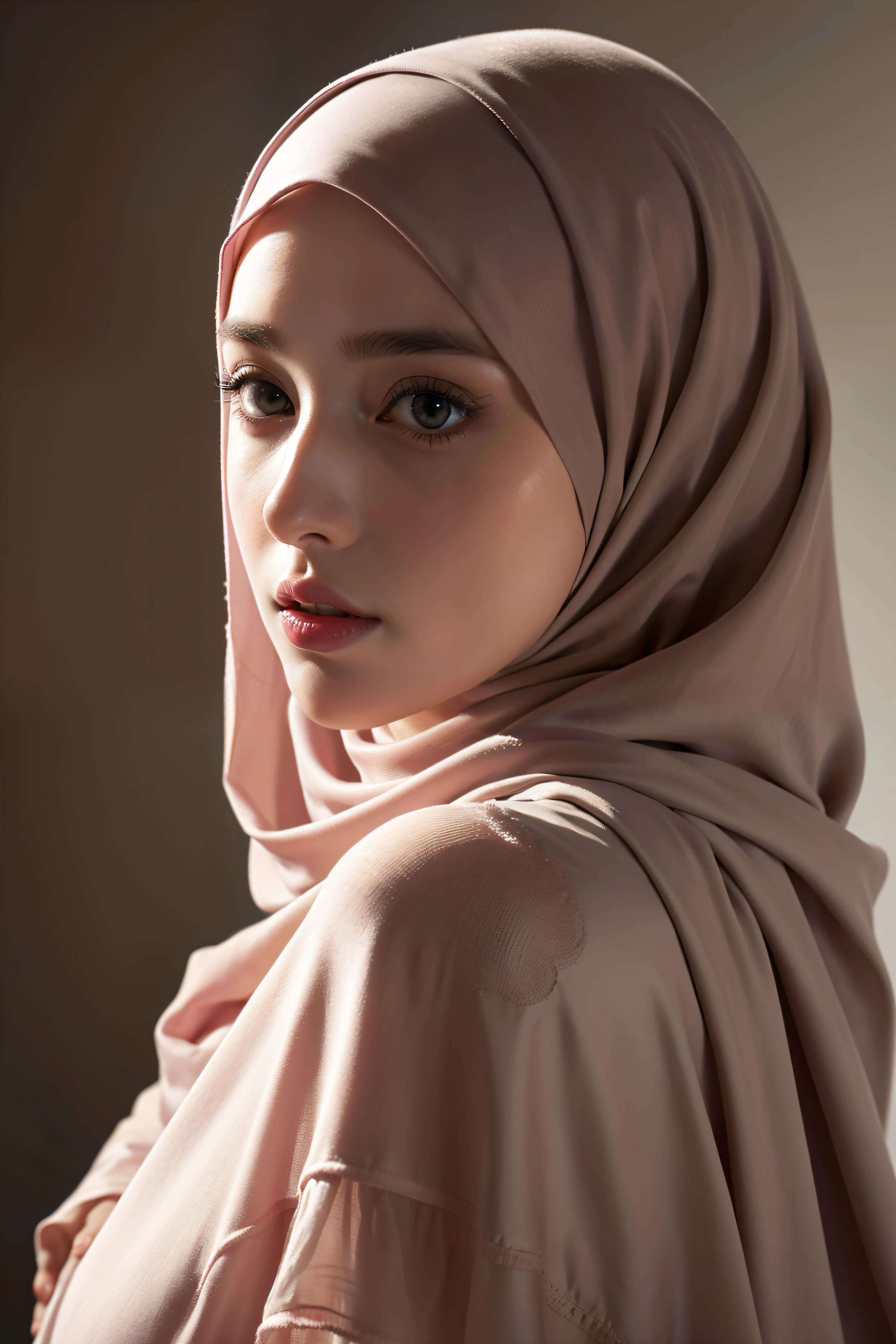 Realistic photo,wearing dress and long hijab, look from side, hyperrealistic, masterpiece, sweet ekspresion, melancholy , closeup photo, bright eyes, sexy lips, detailed makeup, detailed eyes cornea, wearing hijab no hair looks, blush pink cheek