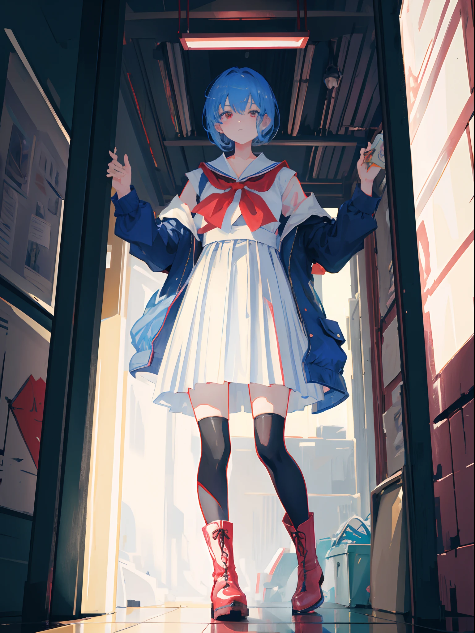1girl, short blue hair, red eyes, wearing white japanese uniform, red chess texture skirt, leather high heel shoes boots, black stockings, she's getting out from her house desperately, she's on the right side of the screen, she is messed up, high top view angle, she's trying to put on shoes without seeing, in the background we can see her house, town,show almost the whole body, she's look concerned(facial exprecion), she's with a toast in her mouth, oil pastel painting,she is near the door, absurdres, high res, ultrasharp, 8K, masterpiece, full details, artstation, sun rising, the view is from top, good composition, looking at viewer