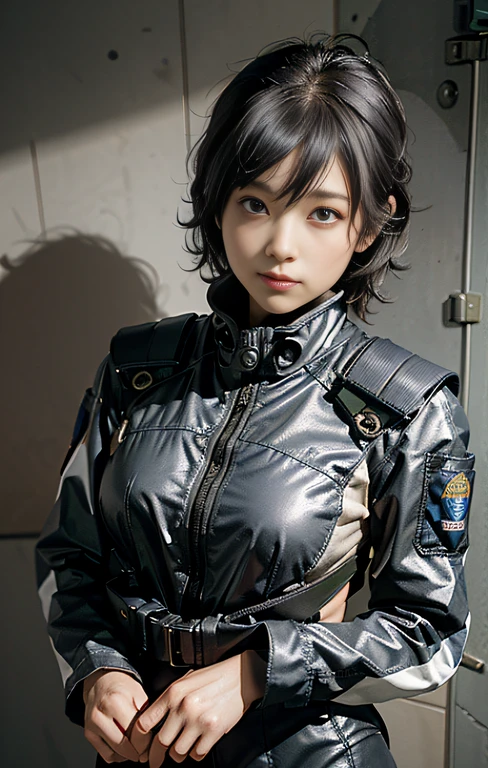High resolution、Photorealistic、Hyperrealism、Slender body、Realistic、Beautiful Japanese Women、Black-haired、Medium Bob Hair、bangs、Detailed face、Detailed lips、Beautiful Eyes、Glowing Skin、one person、Ideal beauty、30 years old、(Big Breasts)、(The backdrop seen by the audience on stage at the show)、((((sit on stage, Look down, Close ~ eyes, sleep, Unconscious、Spread your legs、Clothing)))), (((((Black racing suit、I like police uniforms, Black and grey mech, Wearing a military harness, Has a submachine gun))))), ((Cowboy Shot, From below))
