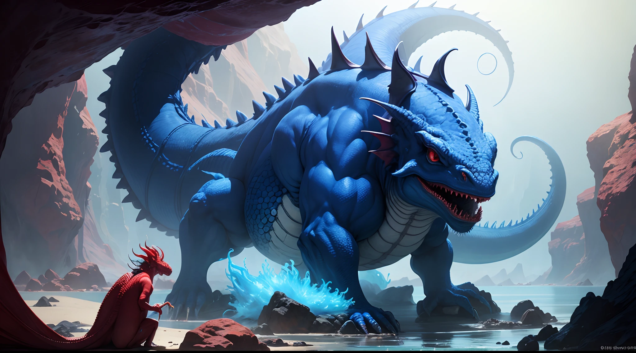 The fattest blue-red water dragon in the world,It has countless huge fat tails,Countless octopus tentacles stick out from the stomach,Avatar like a dragon,Abyss Cave,Cthulhu,photorealestic