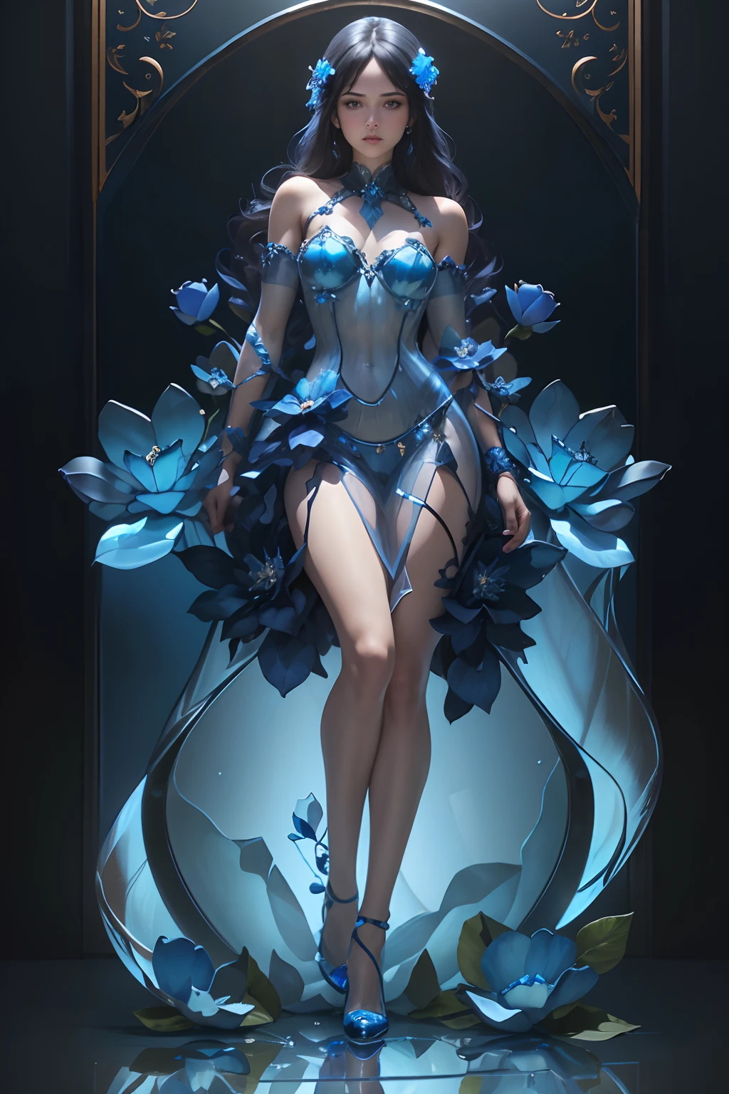 a full dynamic body shot, of a beautiful ((((blue glass woman))))), and small and medium flowers made of blue glass, a greasy black background, 24k resolution