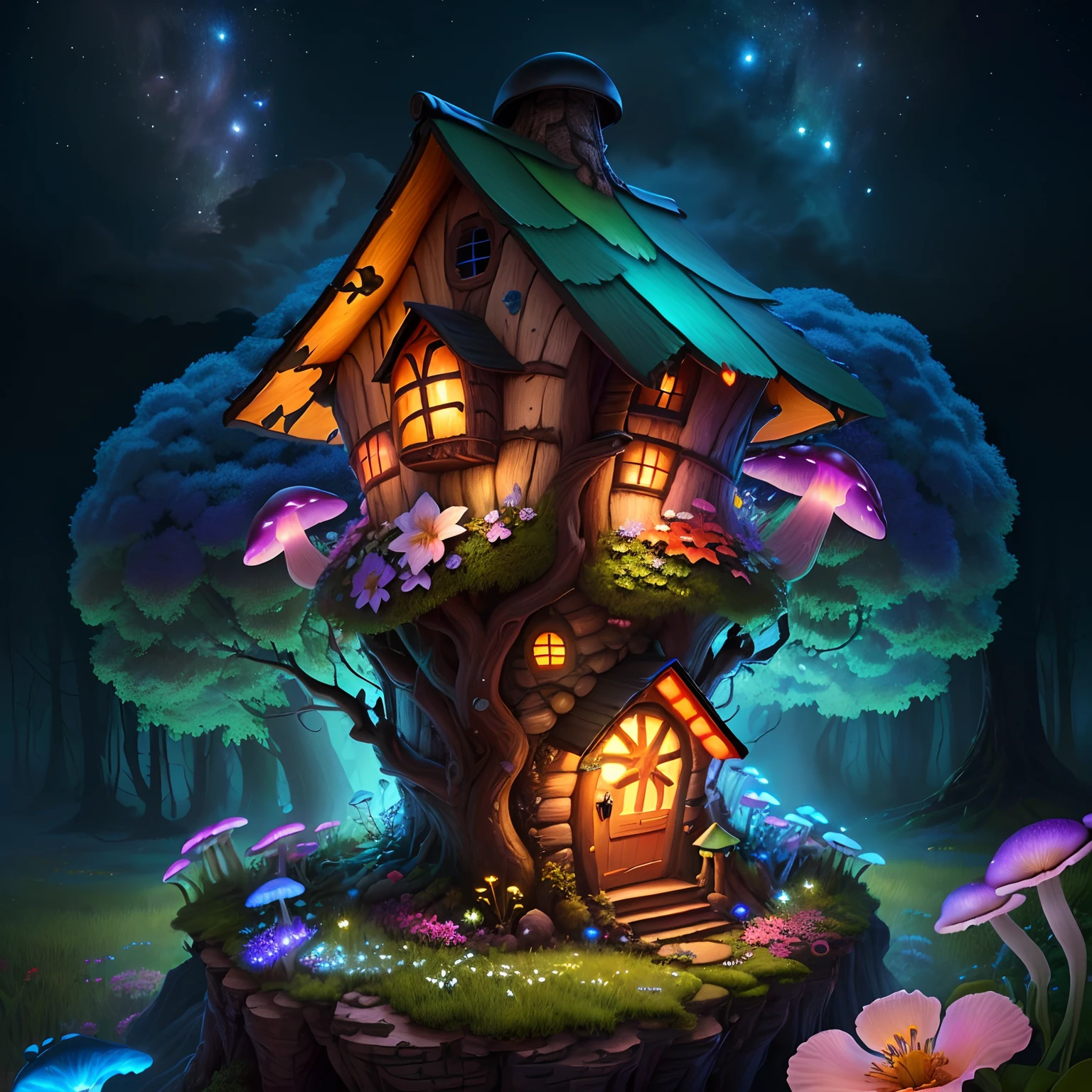 (Swirling clouds and colorful flowers), (wild firefly fantasy mushroom house), (midnight), (Unusual), (mysterious), (ridiculous), dreamy, disney, Drawn by Thomas Kincaid, Artstation, crisp focus, Inspiring 8K Wallpapers,