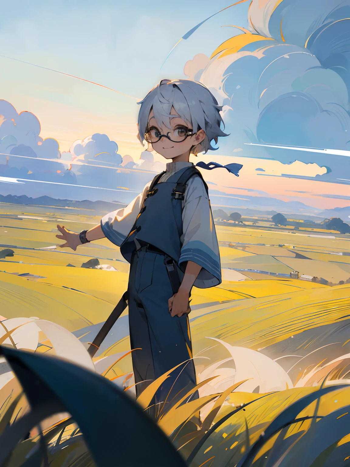 (morning), Male child, eye glasses，Soio, Look at the viewer,, Cowboy Shots, (down town),  A smile, silber hair