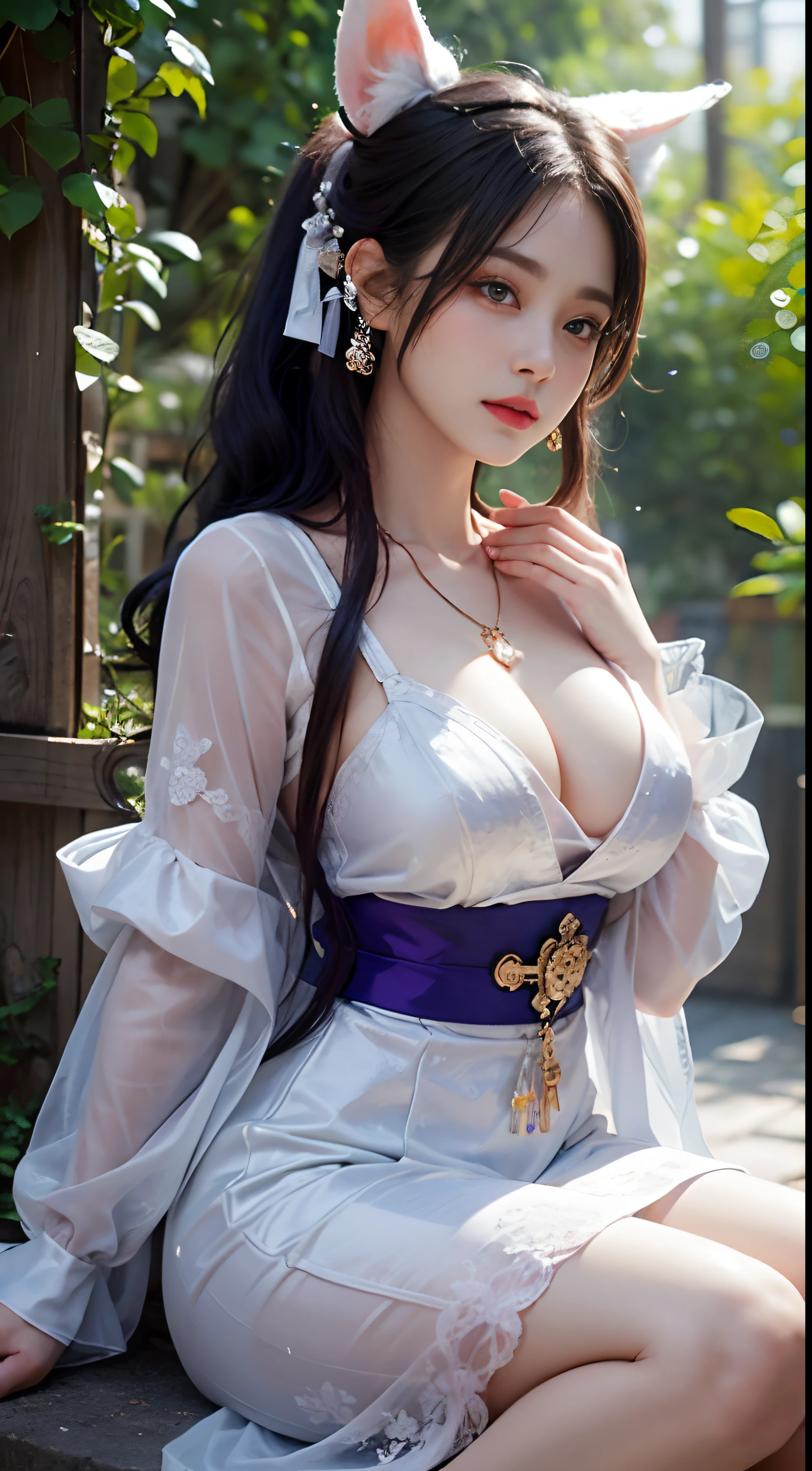 1 beautiful girl in Han costume, thin purple silk shirt with white color with many textures, white lace top, long platinum purple ponytail, Hair Jewelry, ear jewelry, light purple rabbit ears, necklace and necklace, meticulously drawn large purple eyes, meticulous makeup, Thin eyebrows, High Nose, lovely red lips, not smiling, pursed lips, rosy cheeks, wide breasts, Big breasts , well-proportioned bust, Slim waist, purple mesh socks, chinese hanfu style, fictitious art textures, vivid and realistic colors, RAW Photos, Realistic Photos, ultra high quality 8k surreal photos, (effective fantasy light effect: 1.8), 10x pixel, magical effect (Background): 1.8), ultradetailed eyes, girl body portrait, ancient hanfu background,