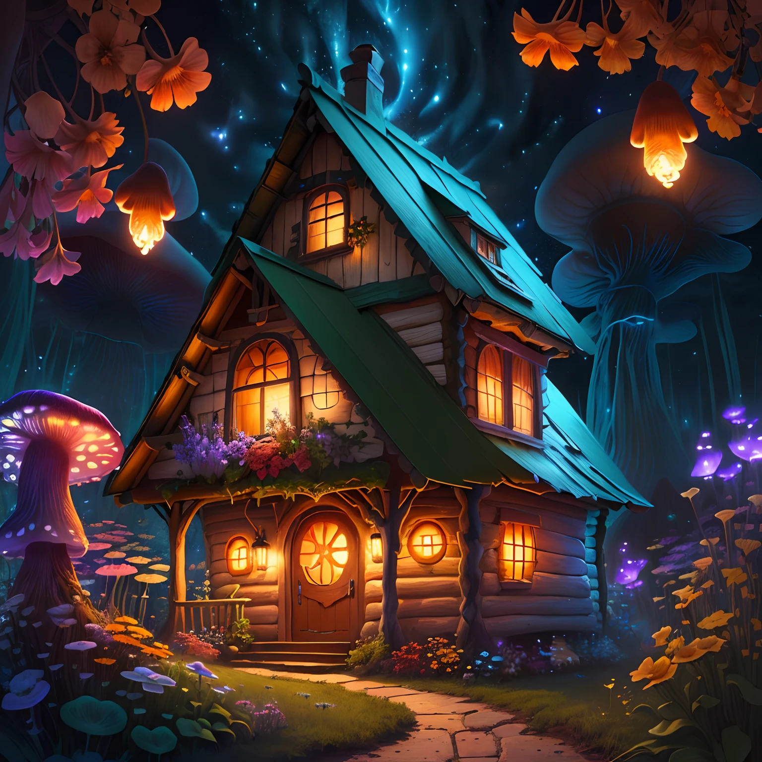 (Swirling clouds and colorful flowers), (wild firefly fantasy mushroom house), (midnight), (Unusual), (mysterious), (ridiculous), dreamy, disney, Drawn by Thomas Kincaid, Artstation, crisp focus, Inspiring 8K Wallpapers,