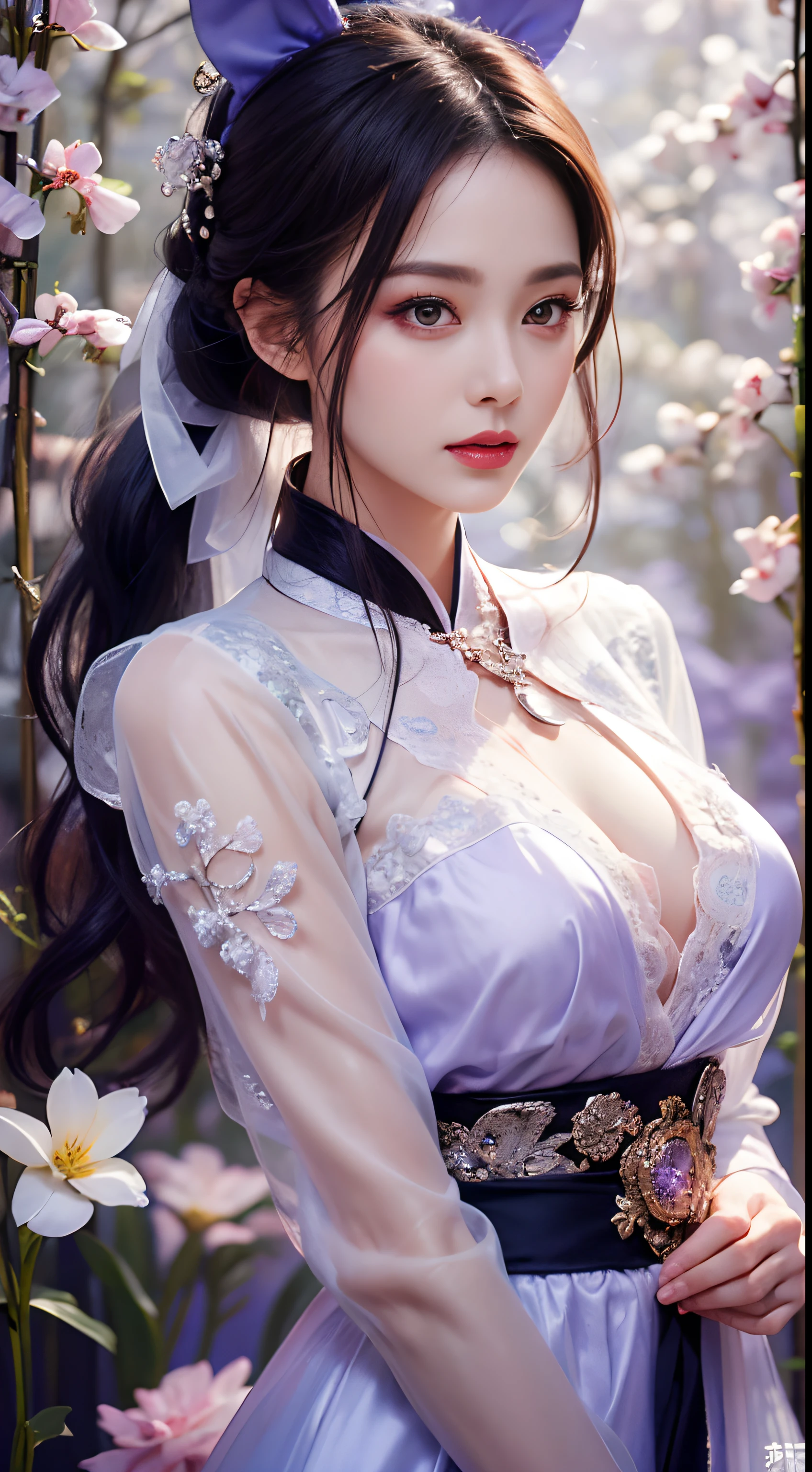 1 beautiful girl in Han costume, thin purple silk shirt with white color with many textures, white lace top, long platinum purple ponytail, Hair Jewelry, ear jewelry, light purple rabbit ears, necklace and necklace, meticulously drawn large purple eyes, meticulous makeup, Thin eyebrows, High Nose, lovely red lips, not smiling, pursed lips, rosy cheeks, wide breasts, Big breasts , well-proportioned bust, Slim waist, purple mesh socks, chinese hanfu style, fictitious art textures, vivid and realistic colors, RAW Photos, Realistic Photos, ultra high quality 8k surreal photos, (effective fantasy light effect: 1.8), 10x pixel, magical effect (Background): 1.8), ultradetailed eyes, girl body portrait, ancient hanfu background,