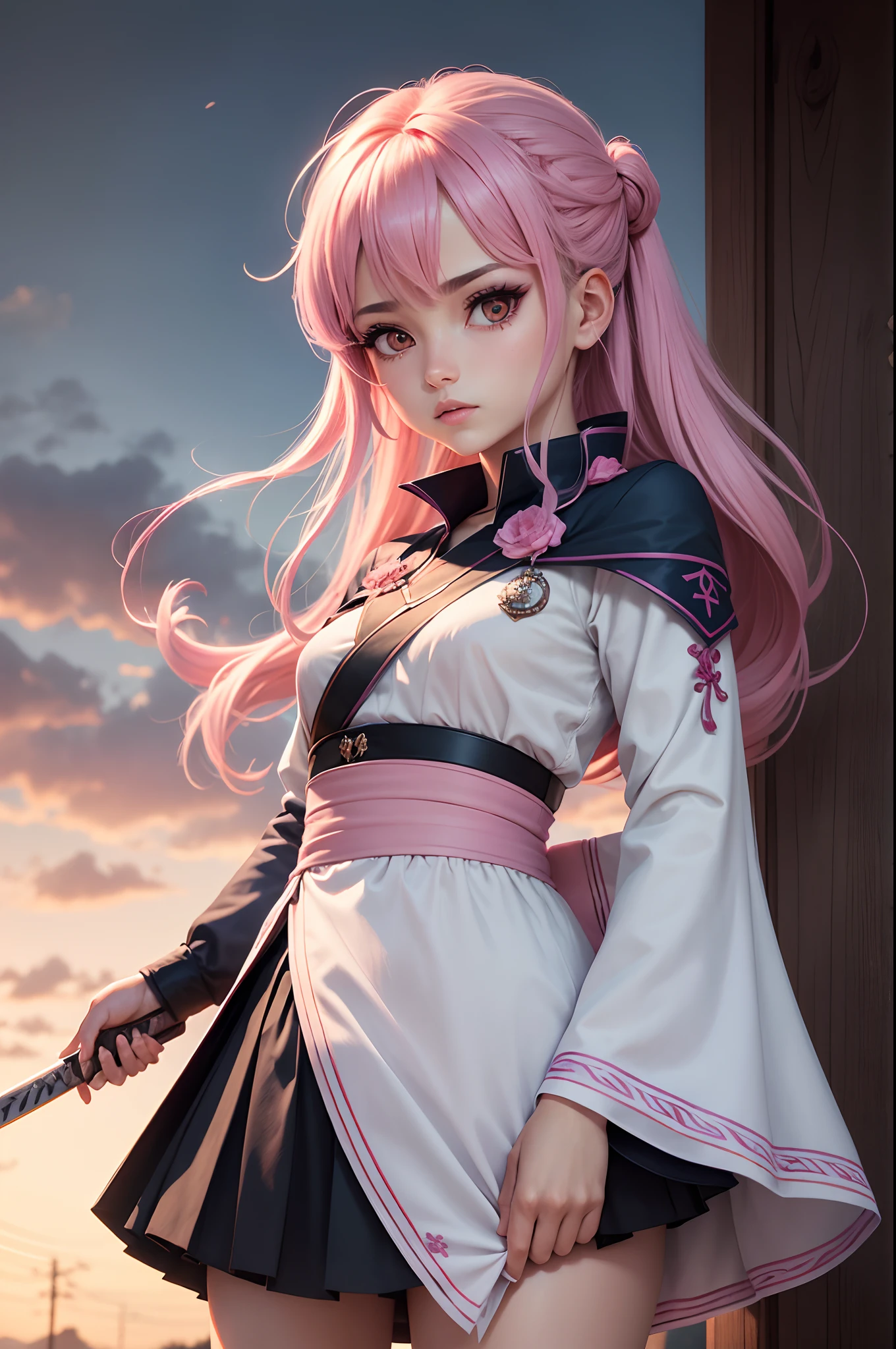 Create a semi-realistic version of the character Mitsuri Kanroji, do anime Demon Slayer. Ela tem cabelos longos e rosa, com uma franja que cobre uma parte de seu olho esquerdo. His eyes are big and bright, with pink iris. Mitsuri is wearing the uniform of a demon hunter, composto por um quimono branco com detalhes em rosa e azul. Ela possui uma espada katana, who holds firmly in his right hand. Ao fundo, There is a bleak and gloomy scenario, with gnarled trees and an overcast sky. A luz da lua brilha sobre ela, destacando sua aura determinada.