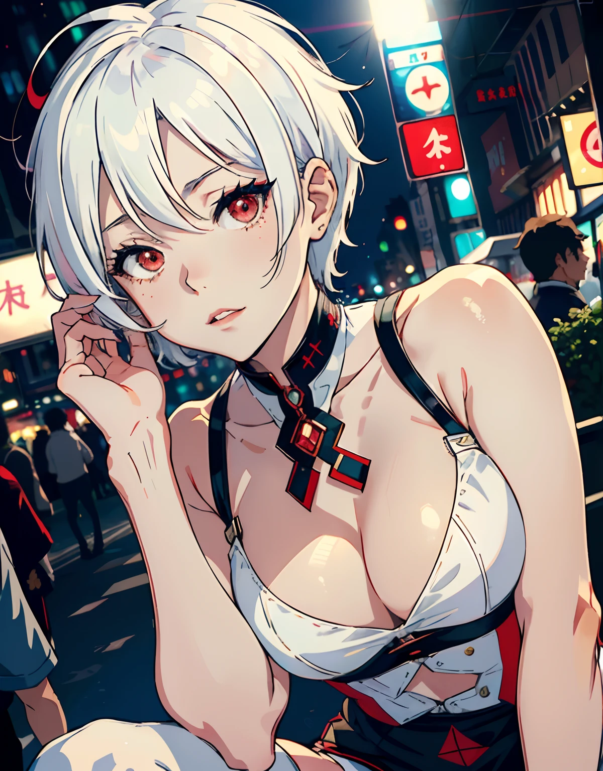 ((masterpiece, best quality)), (1girl, anime girl in crowded city),(mature, idol girl), (solo), (female focus), (white hair, short hair),((red eyes, sharp eyes, sleepy eyes)), ((spreading legs, idol outfit)), pale skin, evil, vicious, portraits, close up, upper body, vibrant colors, soft lighting
