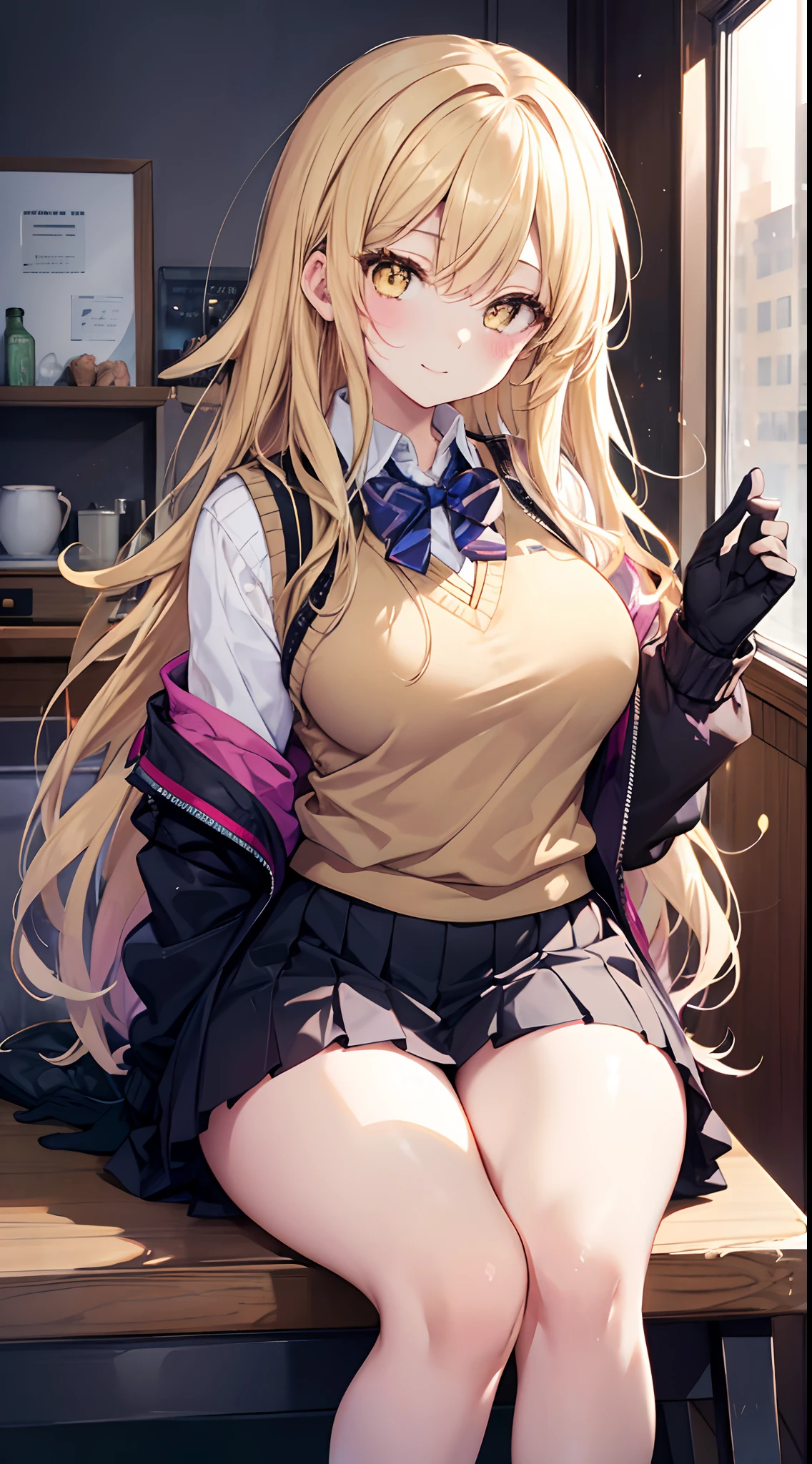 top-quality、hight resolution、1girl in、Shokuho Misaki、The long-haired、Tokiwadai uniform、student clothes、blonde hair、thighs thighs thighs thighs、gloves、skirt by the、Sweater Vest、white thighhig、white glove、+_+、elbowgloves、yellow eyes、pleatedskirt、shortsleeves、symbol-shaped pupils、large full breasts、jaket、blazers、sitting on、feet crossed、A smile、perfect hand、cafes、sitting on、