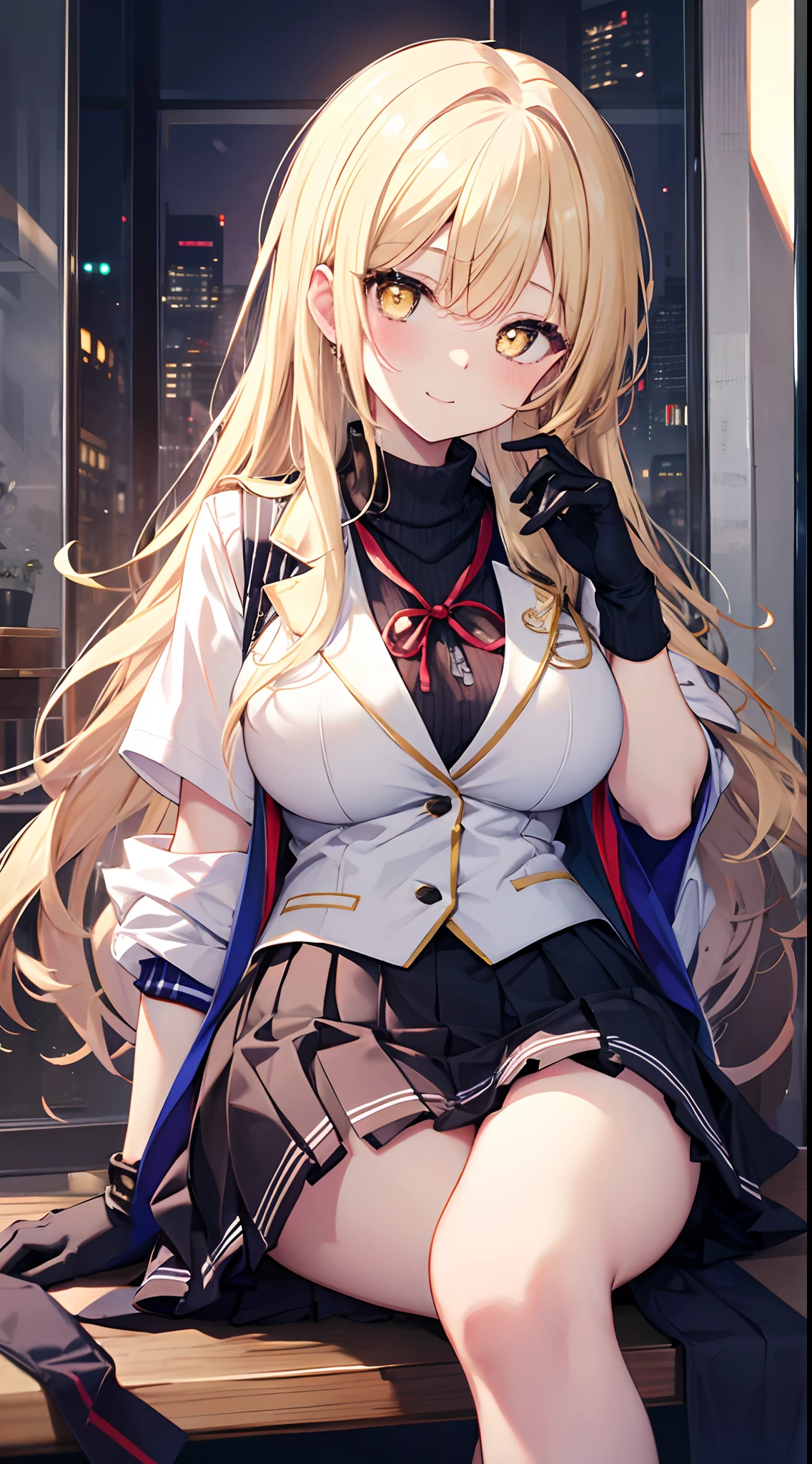 top-quality、hight resolution、1girl in、Shokuho Misaki、The long-haired、Tokiwadai uniform、student clothes、blonde  hair、thighs thighs thighs thighs、gloves、skirt by the、Sweater Vest、white thighhig、white glove、+_+、elbowgloves、yellow  eyes、pleatedskirt、shortsleeves、symbol-shaped pupils、large full breasts、jaket、blazers、sitting on、feet crossed、A smile、perfect hand、cafes、sitting on、