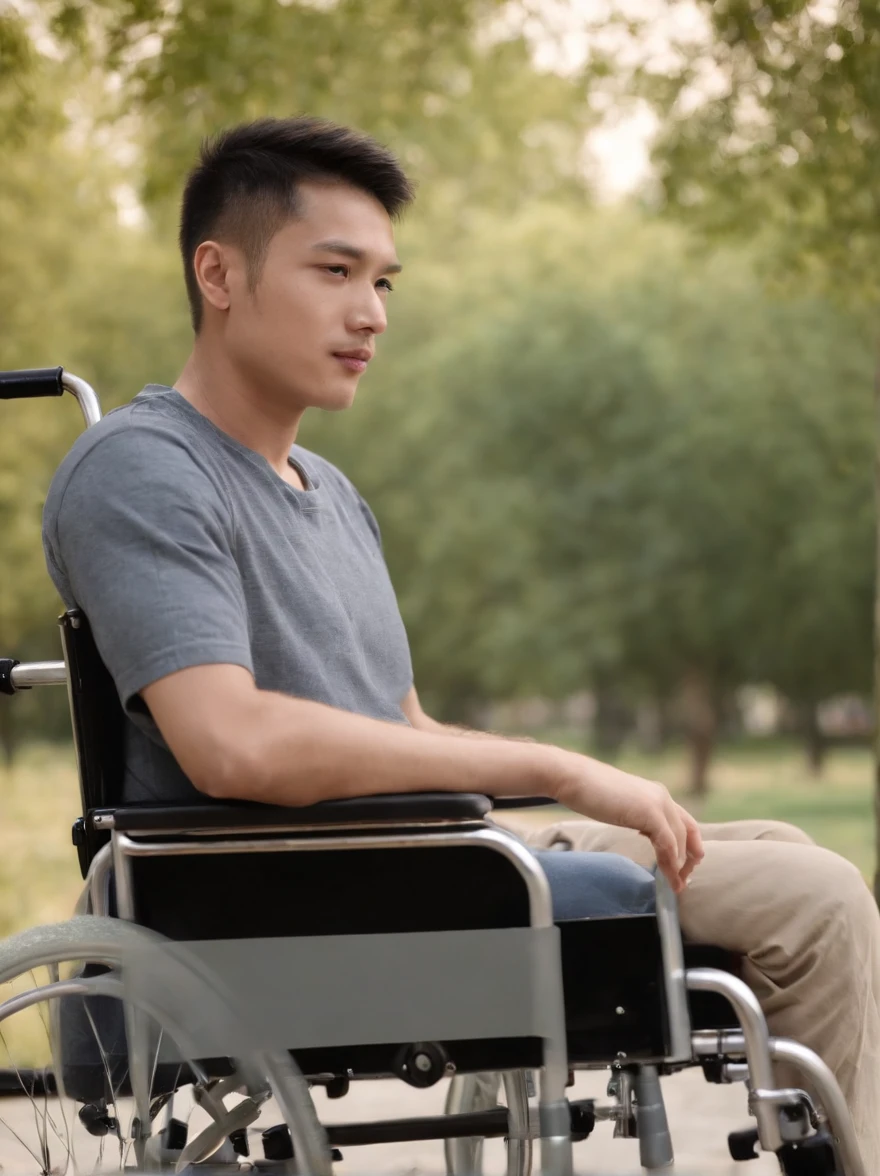 in wheelchair，A young man around 26 years old，Looking at the sky suspiciously，Ditan Park, beijing, In 2000，Side view，4K，Exquisite，Master composition