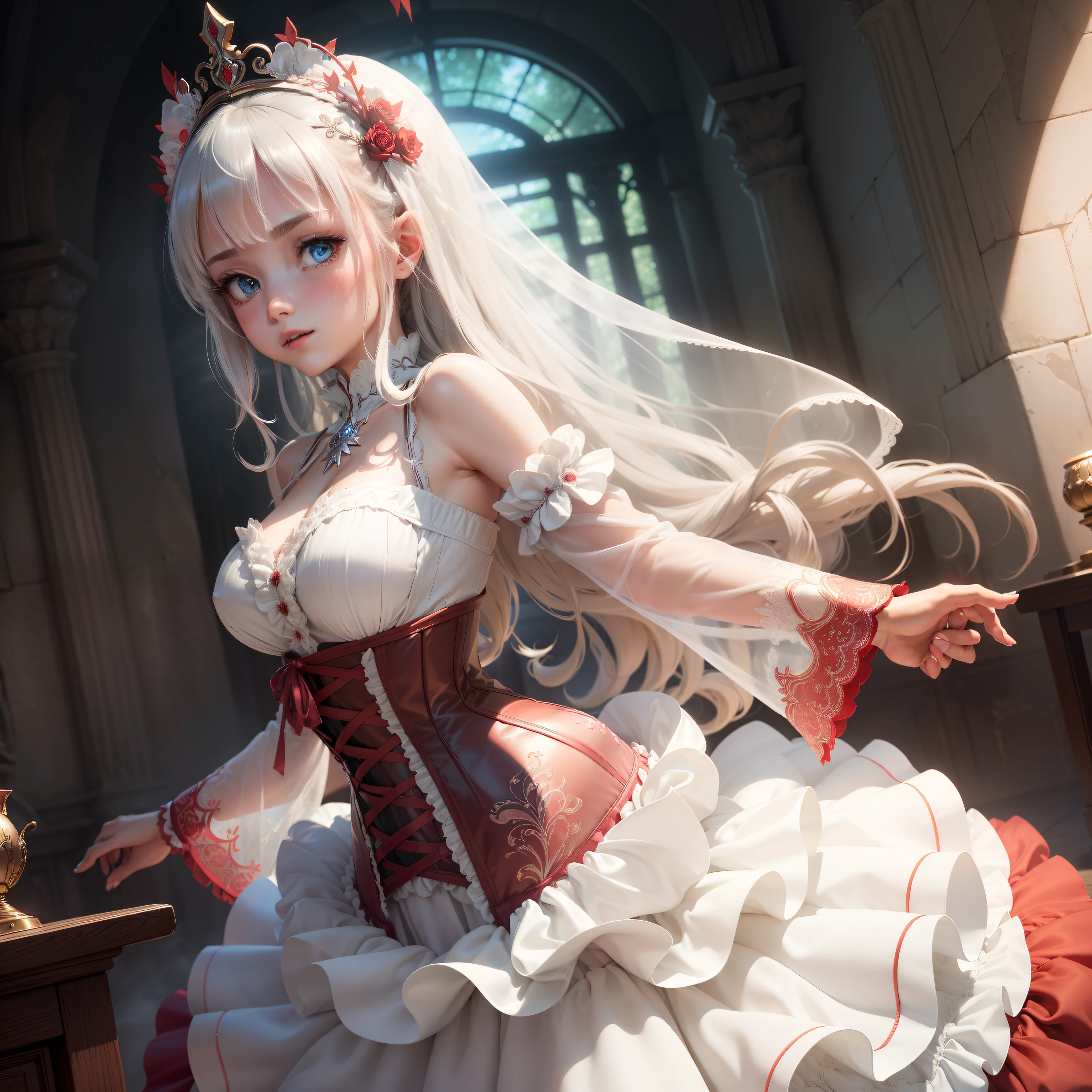 ((the Extremely Detailed CG Unity 8K Wallpapers)), masutepiece, Ultra-detailed, floating, High resolution, Sexually suggestive, (Petite, ridiculously long gray hair, Princess, White Devil Taoism, Blue eyes, (Gorgeous long layered long dress in white and red see-through、Long wide sleeves and intricate embroidery), Bridal Veil, circlet, bridal gauntlets, Blushing, Shy, Arched back, Ruffle Petticoat, Glamorous corset,