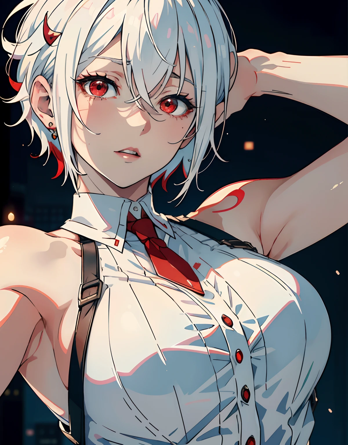 anime - style image of a woman with a cat ears and a shirt on, seductive anime girl, 2 b, 2b, a hyperrealistic , with red glowing eyes, kantai collection style, gapmoe yandere, perfect white haired girl, with glowing red eyes, hyperrealistic , , white haired