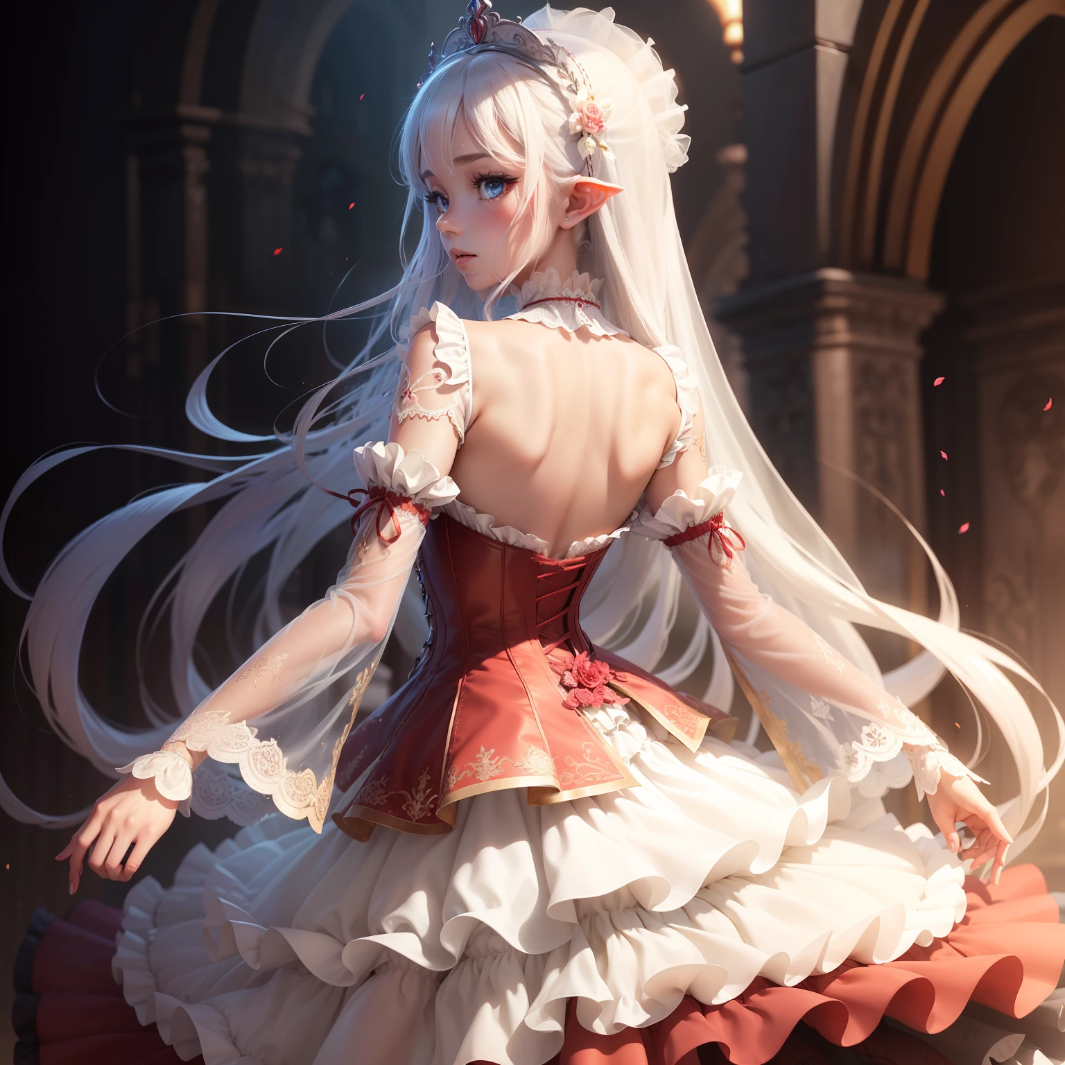 ((the Extremely Detailed CG Unity 8K Wallpapers)), masutepiece, Ultra-detailed, floating, High resolution, Sexually suggestive, (Petite, ridiculously long white hair, Princess, White Devil Taoist, Blue eyes, (Gorgeous long white and red see-through layered long dress、Long detached wide sleeves and intricate embroidery), Bridal Veil, circlet, bridal gauntlets, Blushing, Shy, Arched back, Ruffle Petticoat, Glamorous corset,