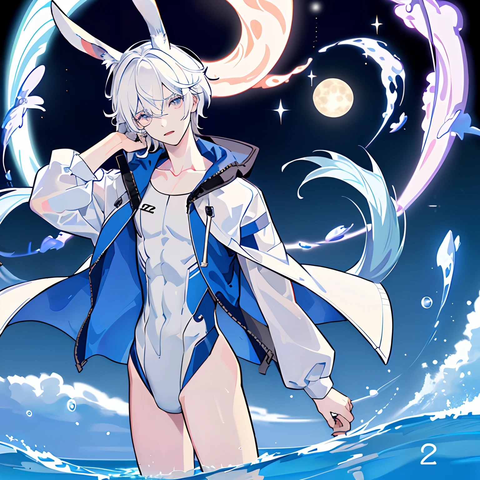Boy with rabbit ears and medium hair length. Hair as white as ears and eyelashes. Albino. The skin is pale, The eyes are gray-light, like the color of the moon. Wears clothes in the shape of a swimsuit. The chest is ajar, And a raincoat is fastened on the collarbone, which hangs down to the very butt, At the end, crescents hang on the sides. The Eye of God is located, where the cloak is fastened. The Eye of God Hydro. Very long stockings with a fish horoscope pattern.