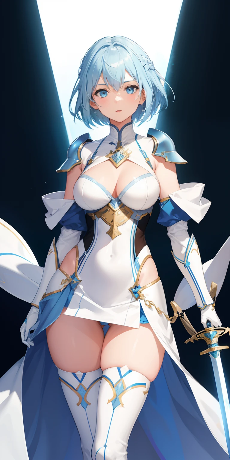 1 girl , short hair,  light blue hair, white knight armour, sword, sexy, thighs, butt showing, glowing, sidelighting, wallpapers