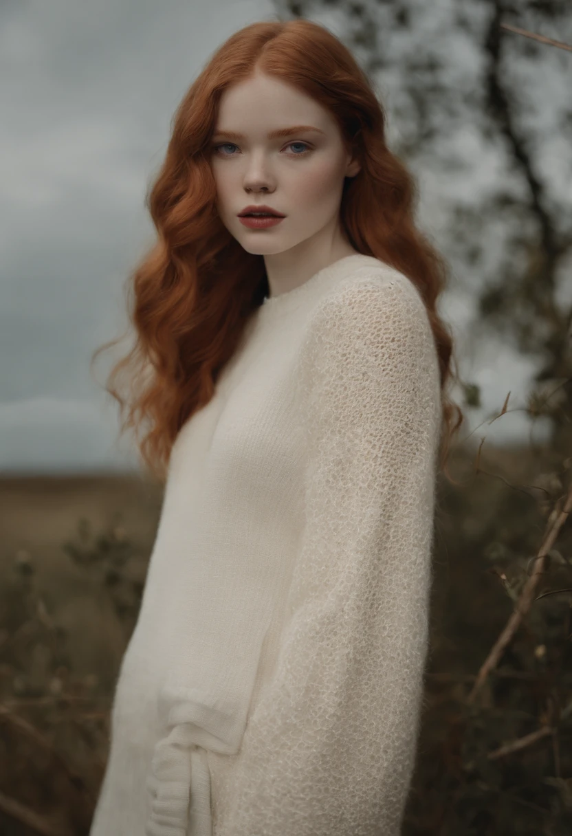 arafed woman with red hair and a white sweater covering her mouth, sadie sink, soft portrait shot 8 k, ellie bamber, ivory pale skin, monia merlo, with pale skin, pale-skinned, pale - skinned, ellie bamber fairy, pale glowing skin, very very very pale skin, pale woman, albino white pale skin, porcelain pale skin