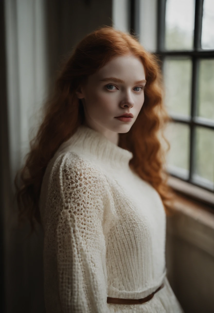 arafed woman with red hair and a white sweater covering her mouth, sadie sink, soft portrait shot 8 k, ellie bamber, ivory pale skin, monia merlo, with pale skin, pale-skinned, pale - skinned, ellie bamber fairy, pale glowing skin, very very very pale skin, pale woman, albino white pale skin, porcelain pale skin