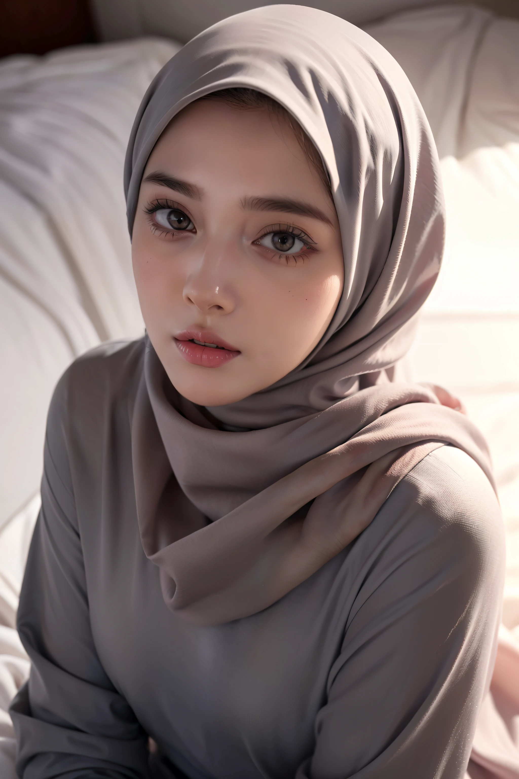 Realistic photo,wearing dress and long hijab grey colours, look from above, hyperrealistic, masterpiece, sweet ekspresion, melancholy , closeup photo, bright eyes, sexy lips, detailed makeup, detailed eyes cornea, wearing hijab no hair looks, blush pink cheek
