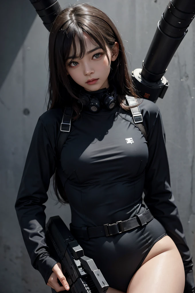 Highest image quality, outstanding details, ultra-high resolution, (realism: 1.4), ((close up:0.75)), highly condensed 1 lady, with beautiful and a delicate face, perfect proportion, aiming the viewer, ((aiming the viewer)), (chubby:0.3, small breasts), (cloths color base ratio black:0.2 white:0.6 other-color:0.1), (wearing rash-guard likes police uniform, black and gray mecha, wearing high-tech heavy gasmask, military harness, holding a machinegun, carrying hich-tech-flamethrower -tank on back), captain, background simple grey wall,