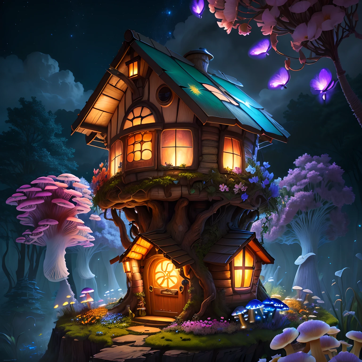(Swirling clouds and colorful flowers), (wild firefly fantasy mushroom house), (midnight), (Unusual), (mysterious), (ridiculous), dreamy, disney, Drawn by Thomas Kincaid, Artstation, crisp focus, Inspiring 8K Wallpapers,
