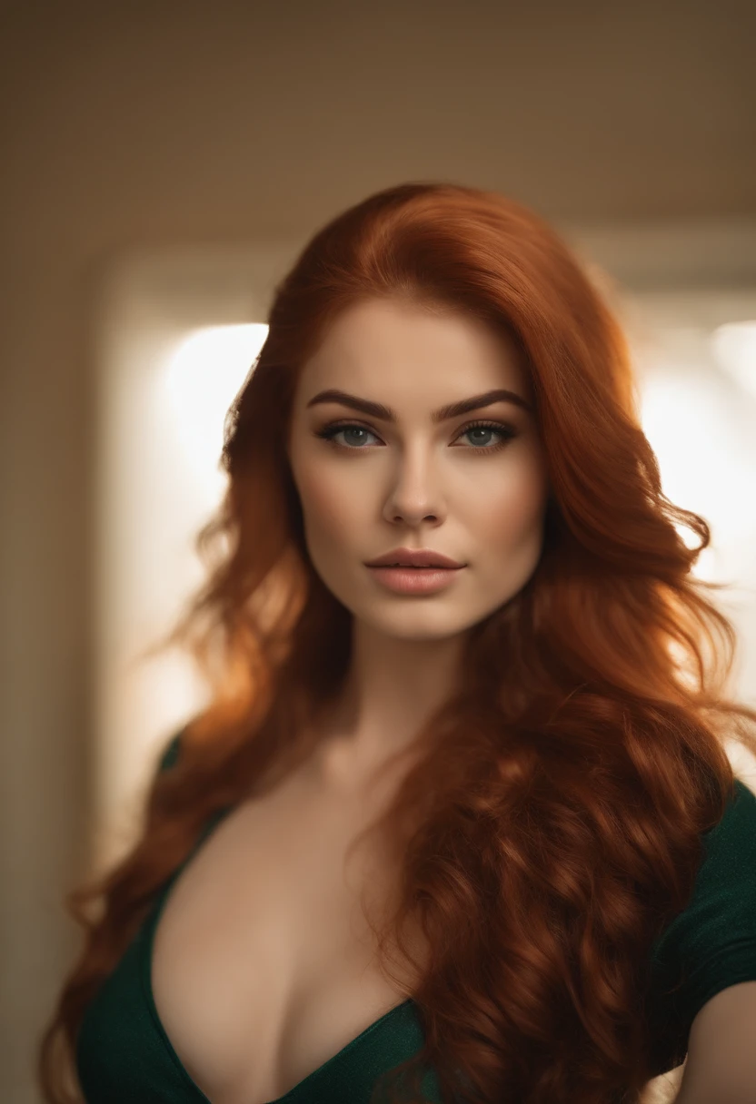 professional, (4k photo:1.1) by (Jeremy Lipking:0.3), (Dittmann Anna:0.3), (Arian Mark:0.3), (Sharp focus:1.3), high detail, wearing (tight shirt:1.2), beautiful detailed face, an attractive woman with long red hair looks into the camera, looking like actress Katherine McNamara, panasonic lumix s pro 50mm f/1.4, anne stokes, color splash, dark orange and dark emerald, ferrania p30, photo realistic, (attractive young woman:1.3), (seductive:1.1), (blushing:1.1), hourglass body shape, big round breasts, wide hips, in a bathroom, taking selfie, wearing pajamas, pale sheen skin